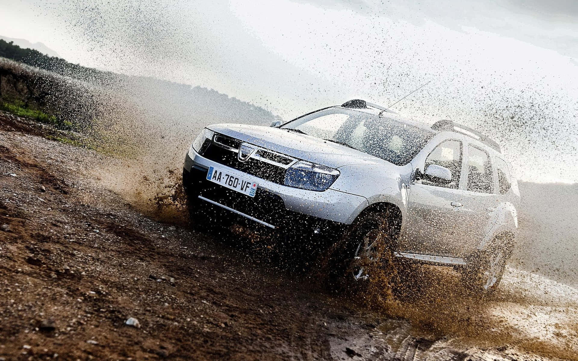 Dacia Duster, silver, muddy offroad trail, Full HD Desktop Wallpaper