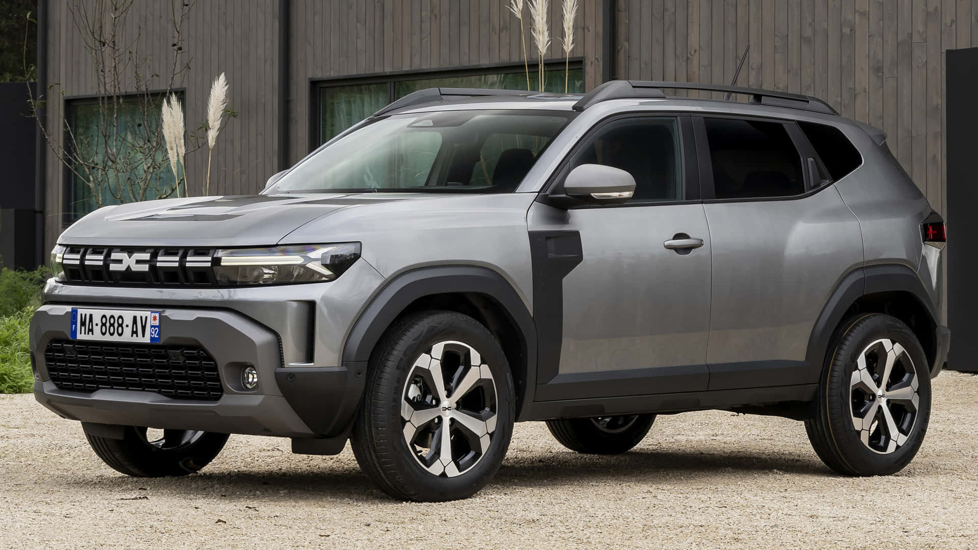 Dacia Duster, modern wooden building, gravel, Full HD Desktop Wallpaper