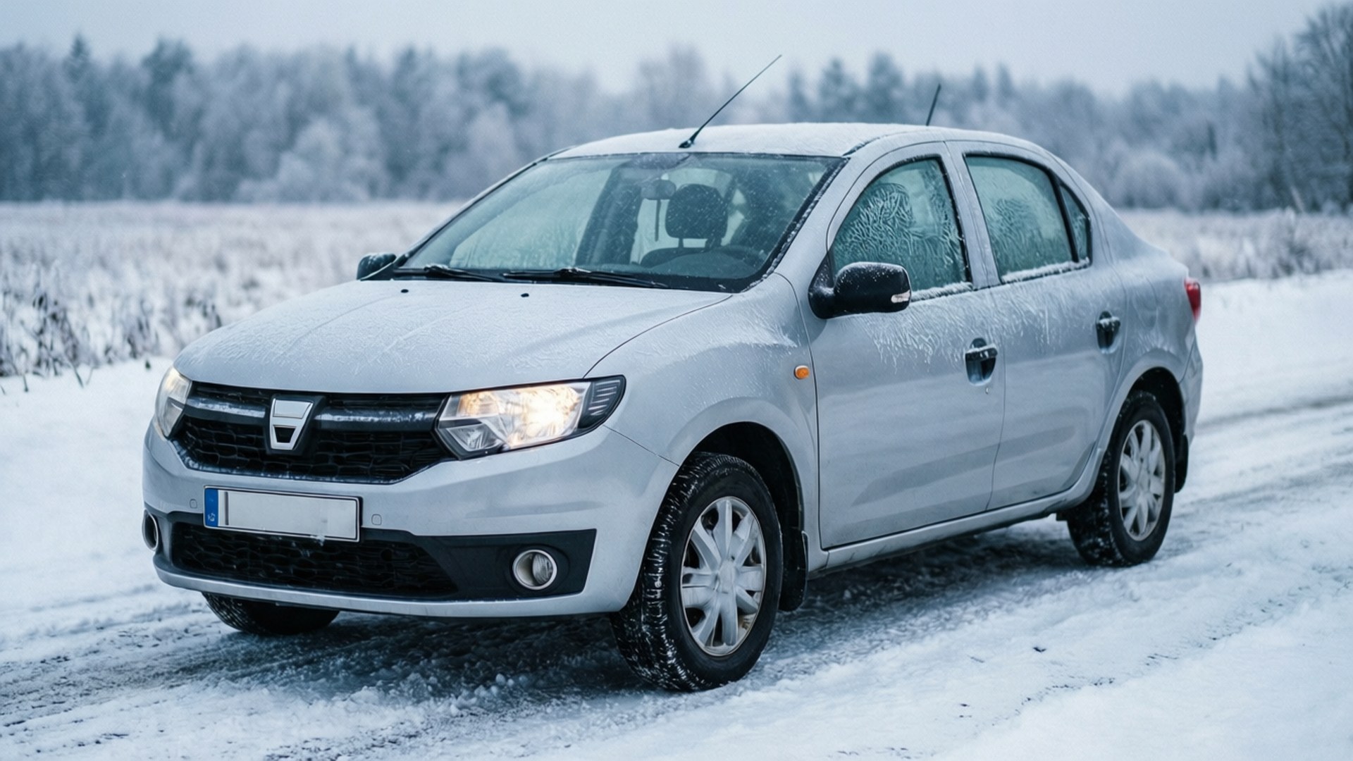 silver, Dacia Logan, snowy winter scene, Full HD Desktop Wallpaper