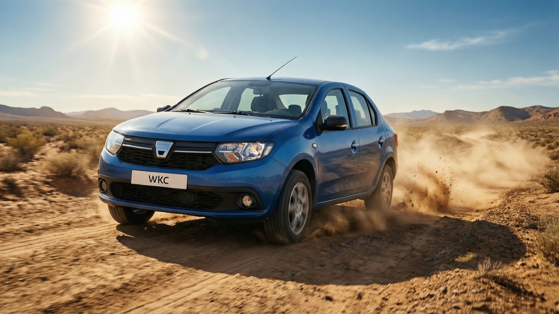 Dacia Logan, blue, desert terrain, Full HD Desktop Wallpaper