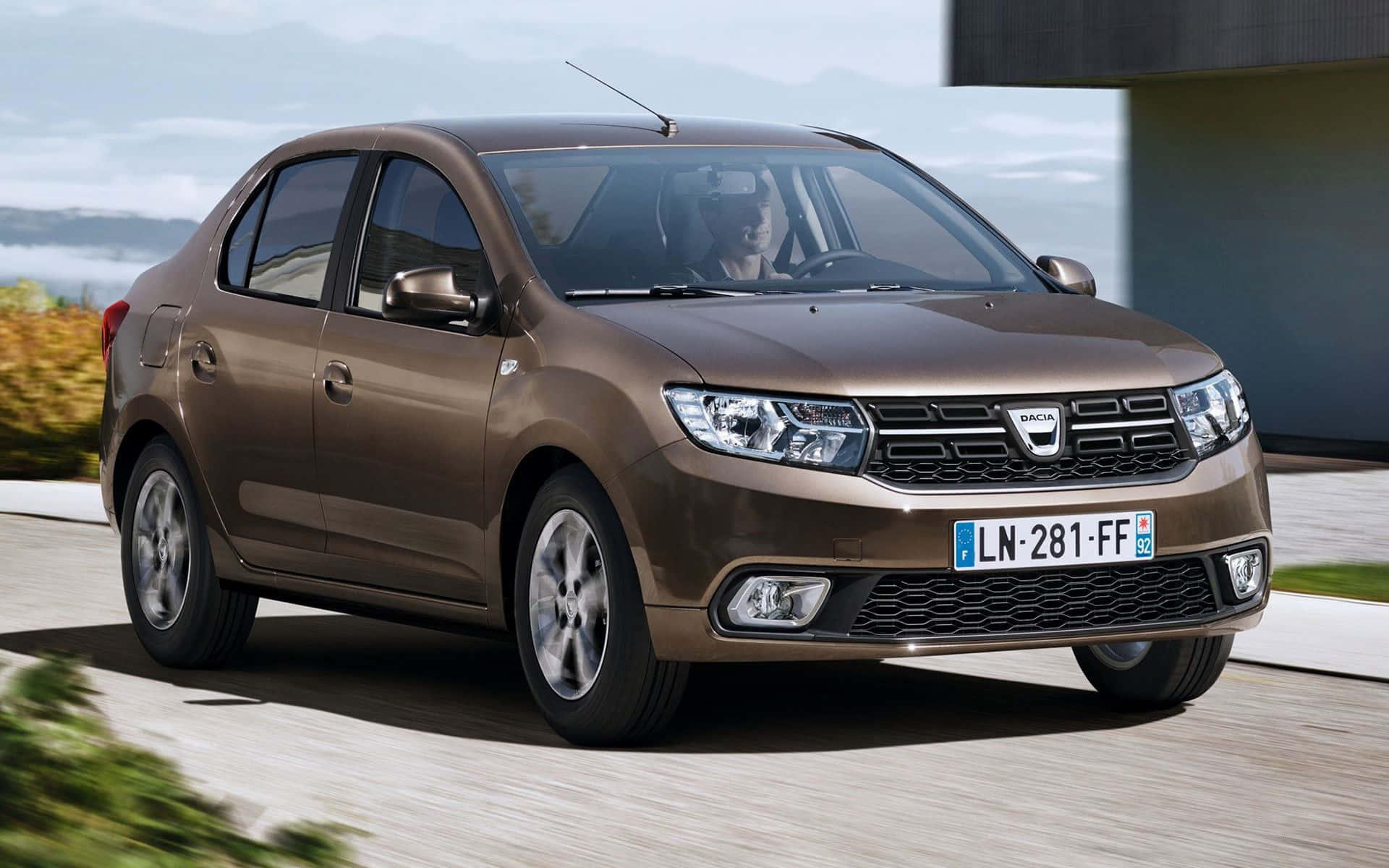 Dacia Logan, brown, road, Full HD Desktop Wallpaper