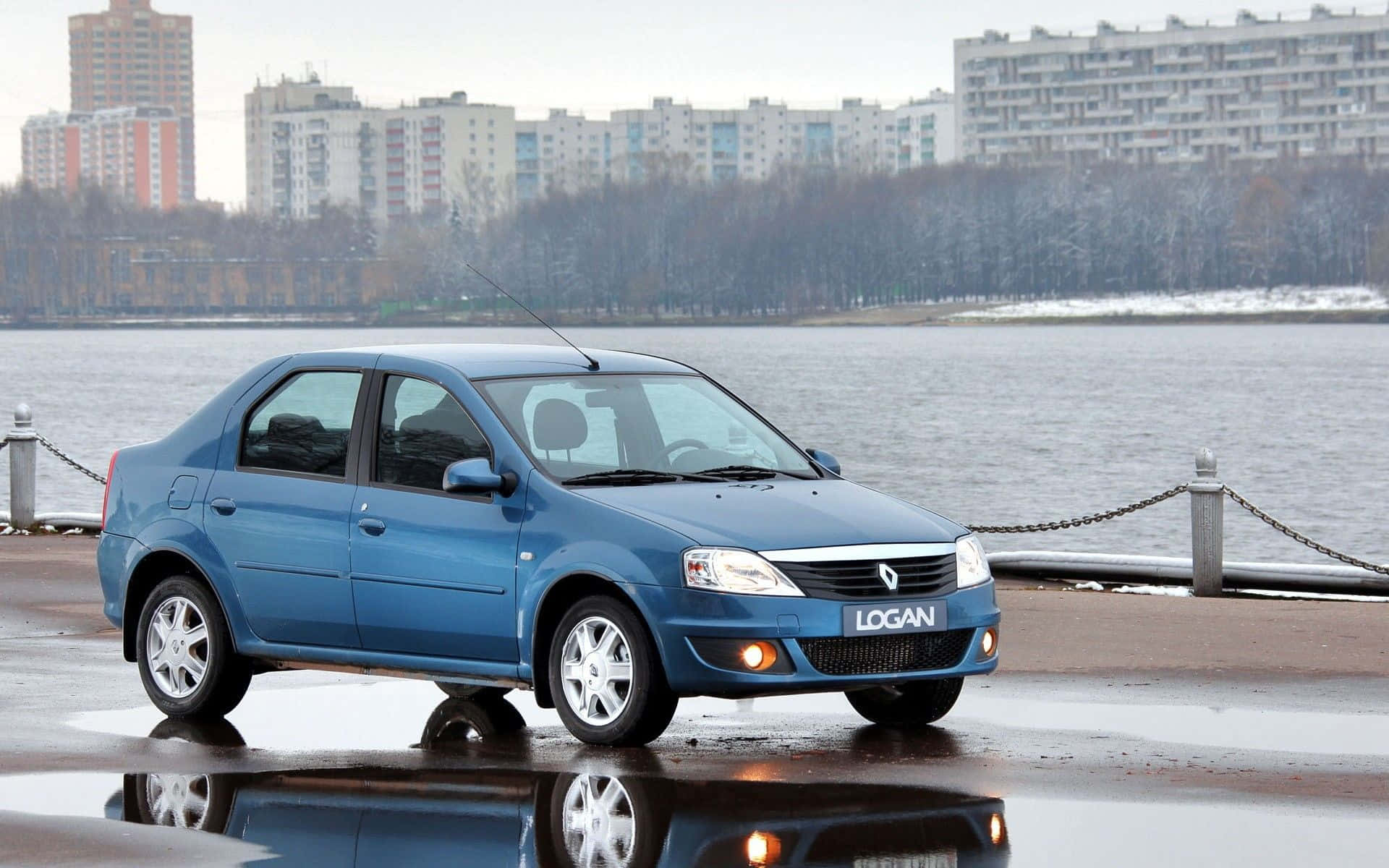 Dacia Logan, blue, wet pavement, Full HD Desktop Wallpaper
