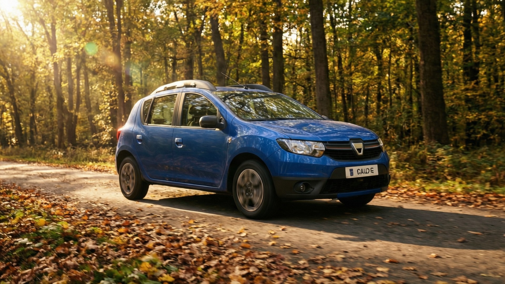 Dacia Sandero, vibrant blue, leaf-strewn forest road, Full HD Desktop Wallpaper