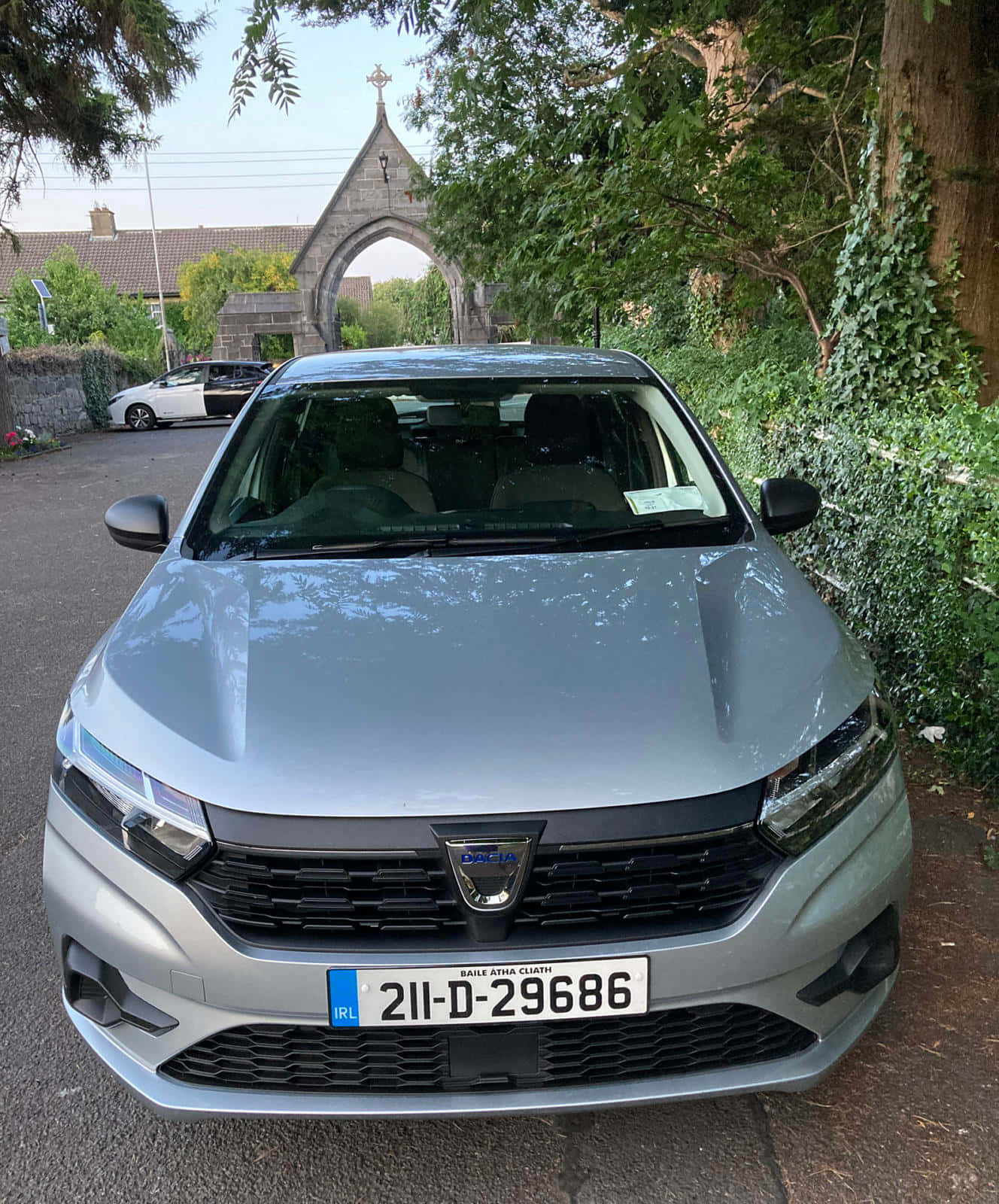 Dacia Sandero, silver, tree-lined street, HD Phone Wallpaper