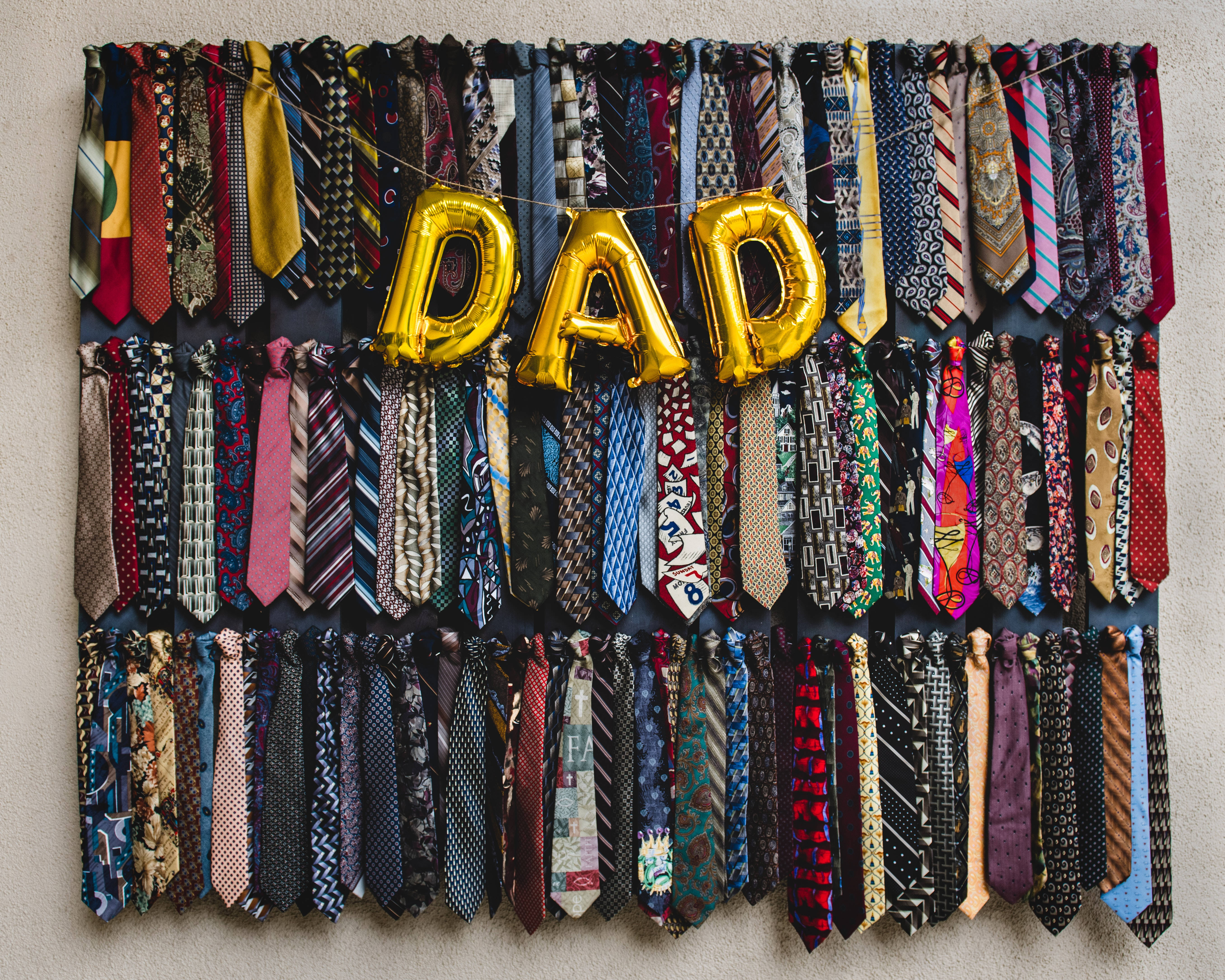 DAD, golden DAD balloons, colorful patterned ties, 5K Desktop Wallpaper