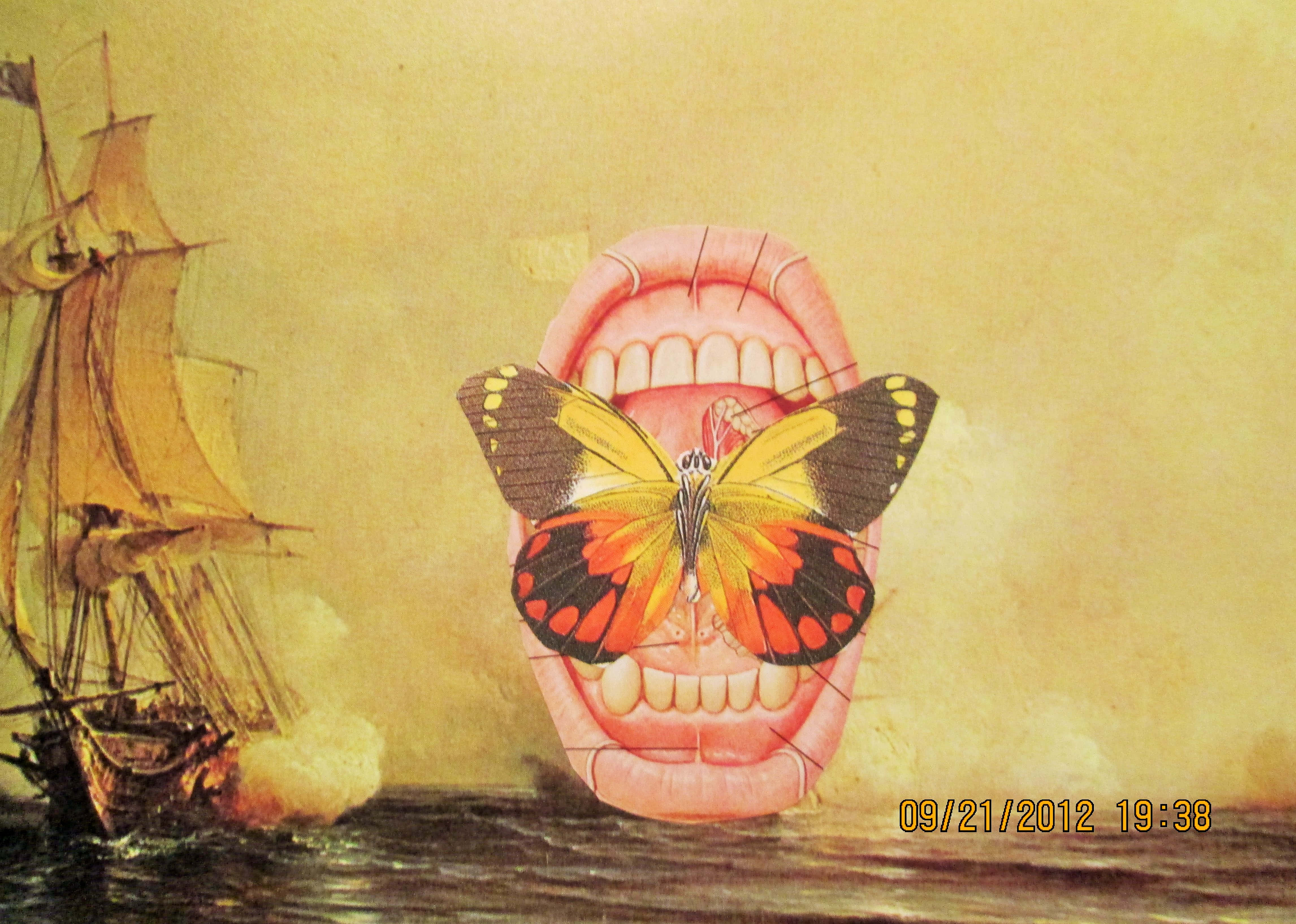 Dadaism, giant open mouth, colorful butterfly, 4K Desktop Wallpaper
