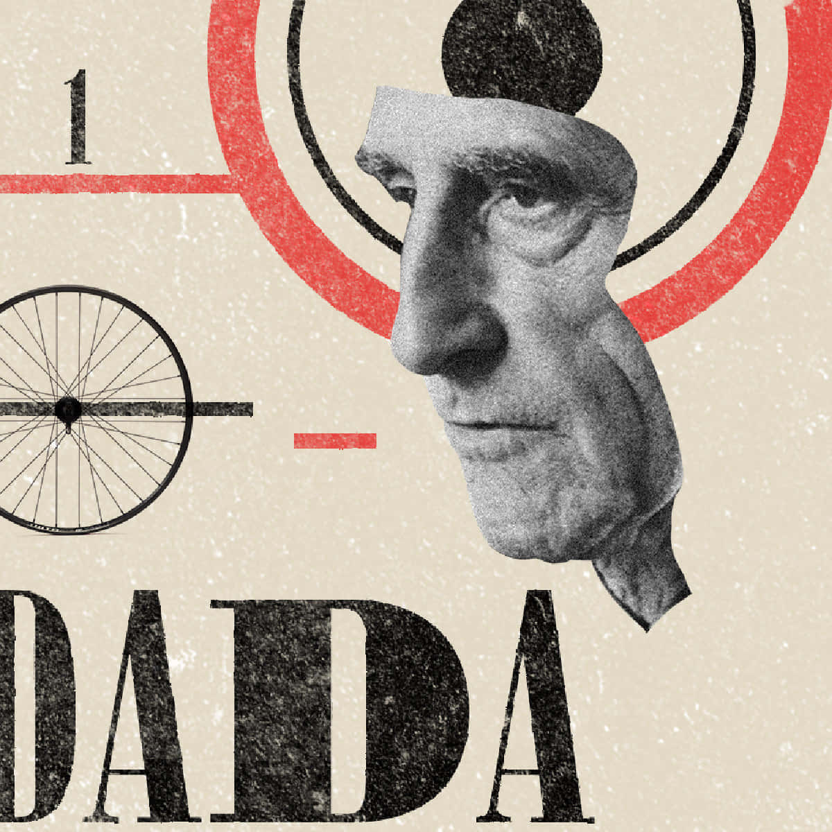 Dadaism, monochrome man's face, bicycle wheel, SD Desktop Wallpaper
