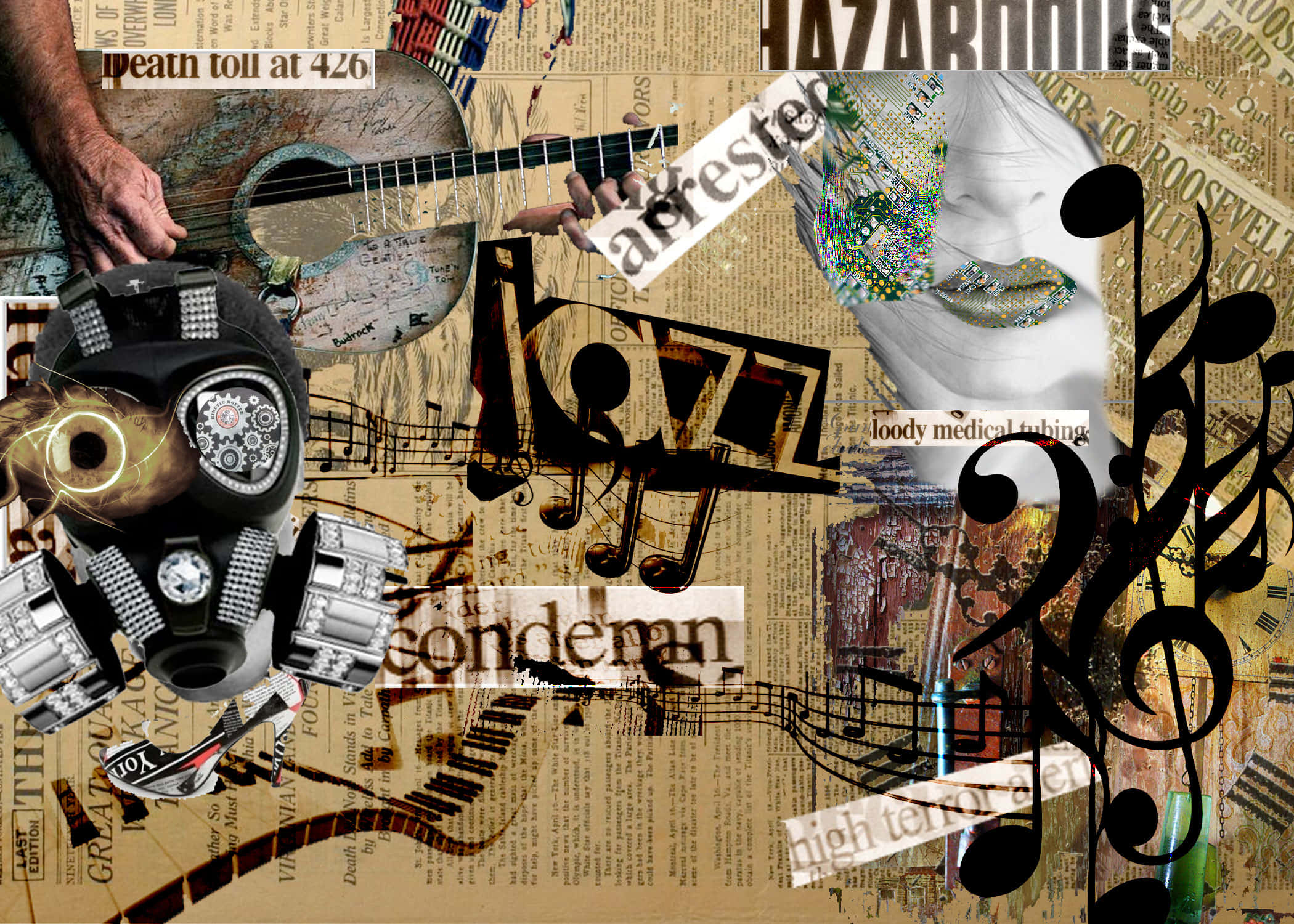 Dadaism, vintage guitar, abstract text, Full HD Desktop Wallpaper