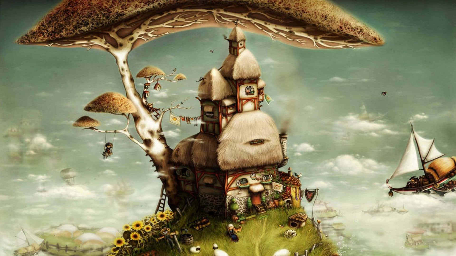 Dadaism, mushroom-shaped treehouse, cloudy sky, Full HD Desktop Wallpaper