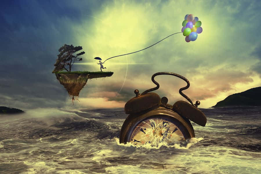 Dadaism, floating island, colorful balloons, SD Desktop Wallpaper