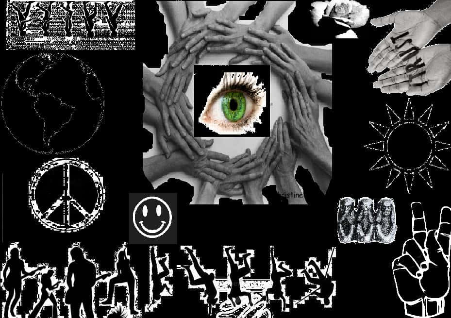 Dadaism, black and white symbols, green eye, SD Desktop Wallpaper