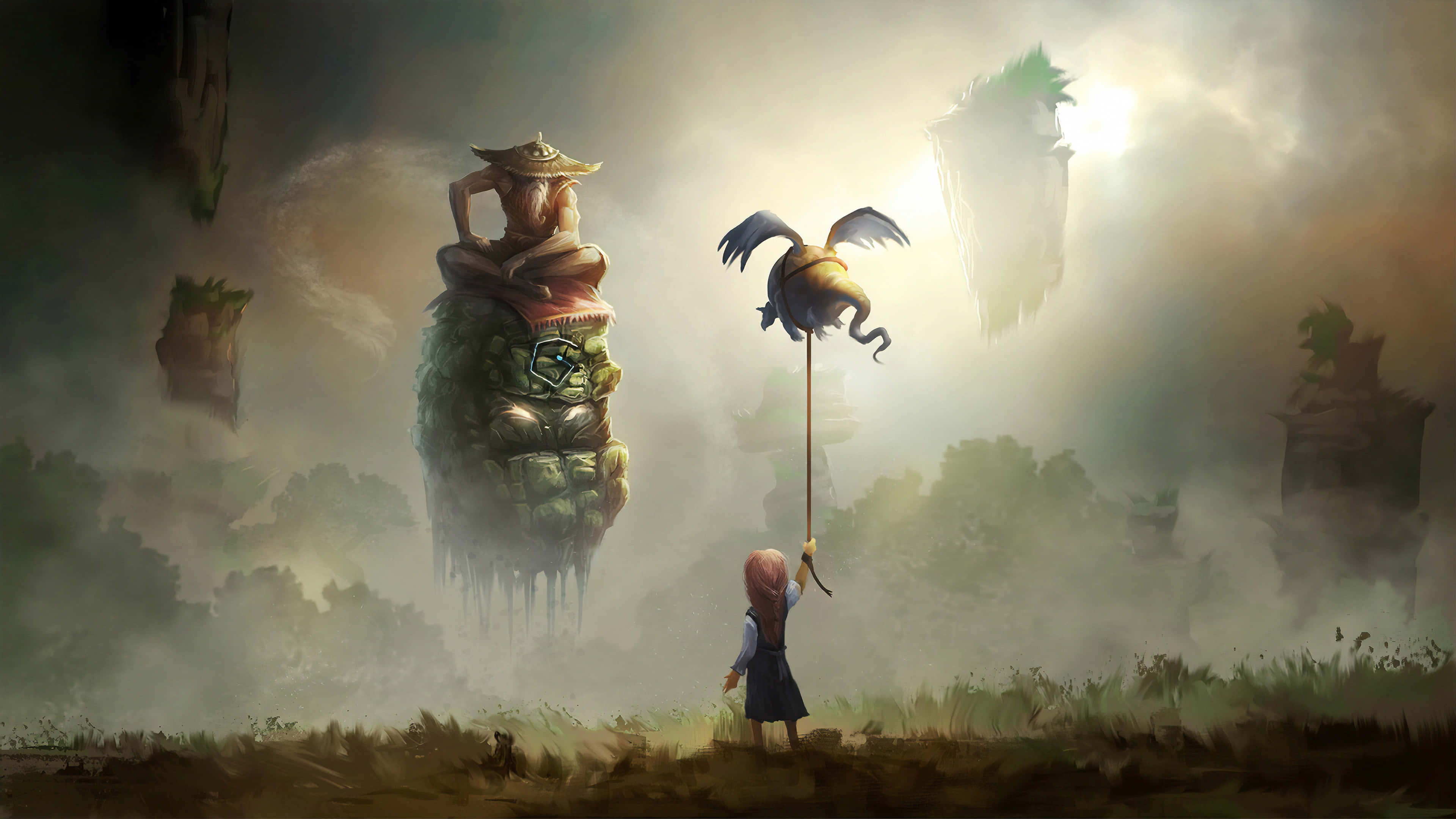 Dadaism, mossy creature, misty floating island landscape, 4K Desktop Wallpaper