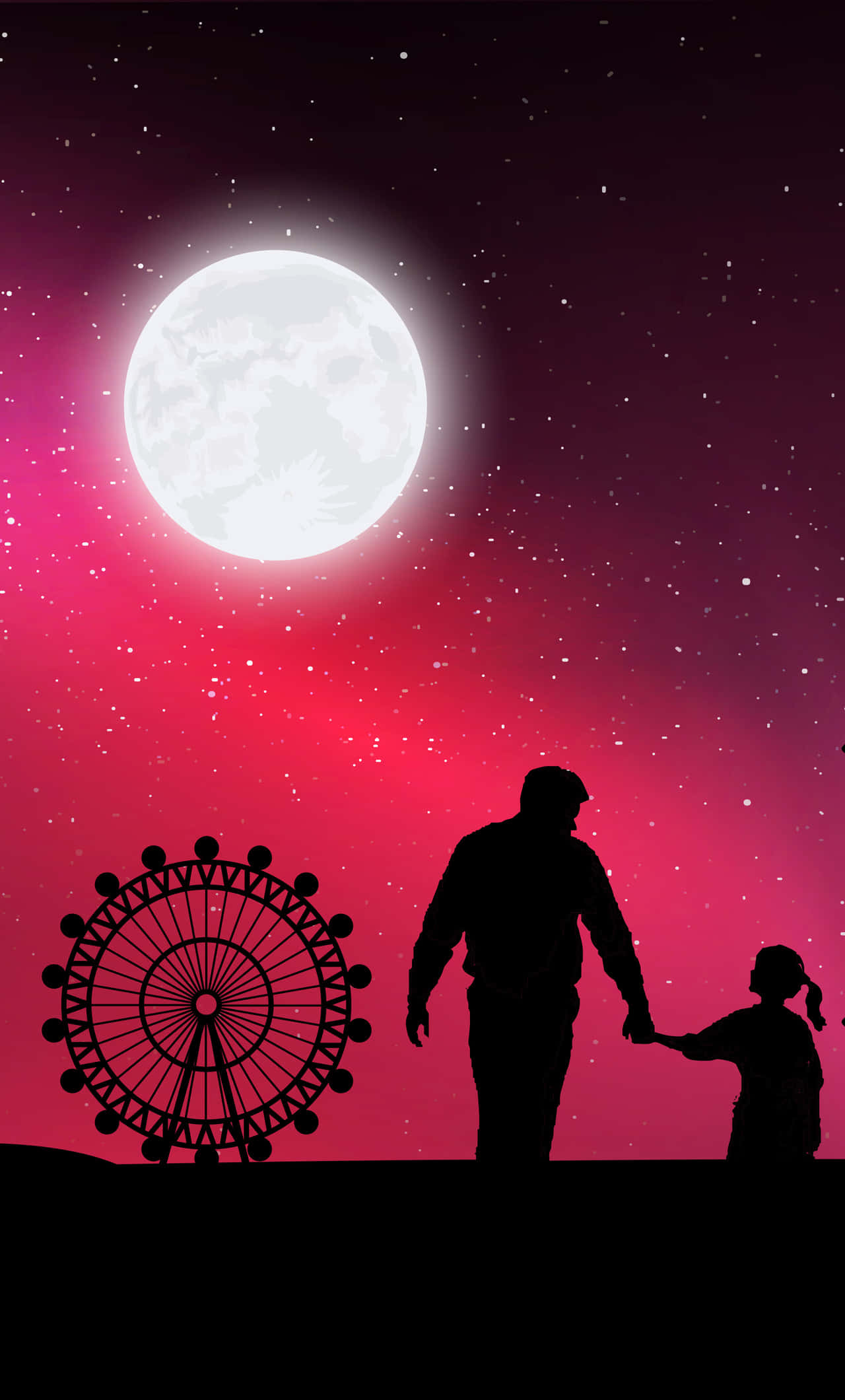dad-daughter bond, vibrant pink and purple night sky, glowing full moon, Full HD Phone Wallpaper
