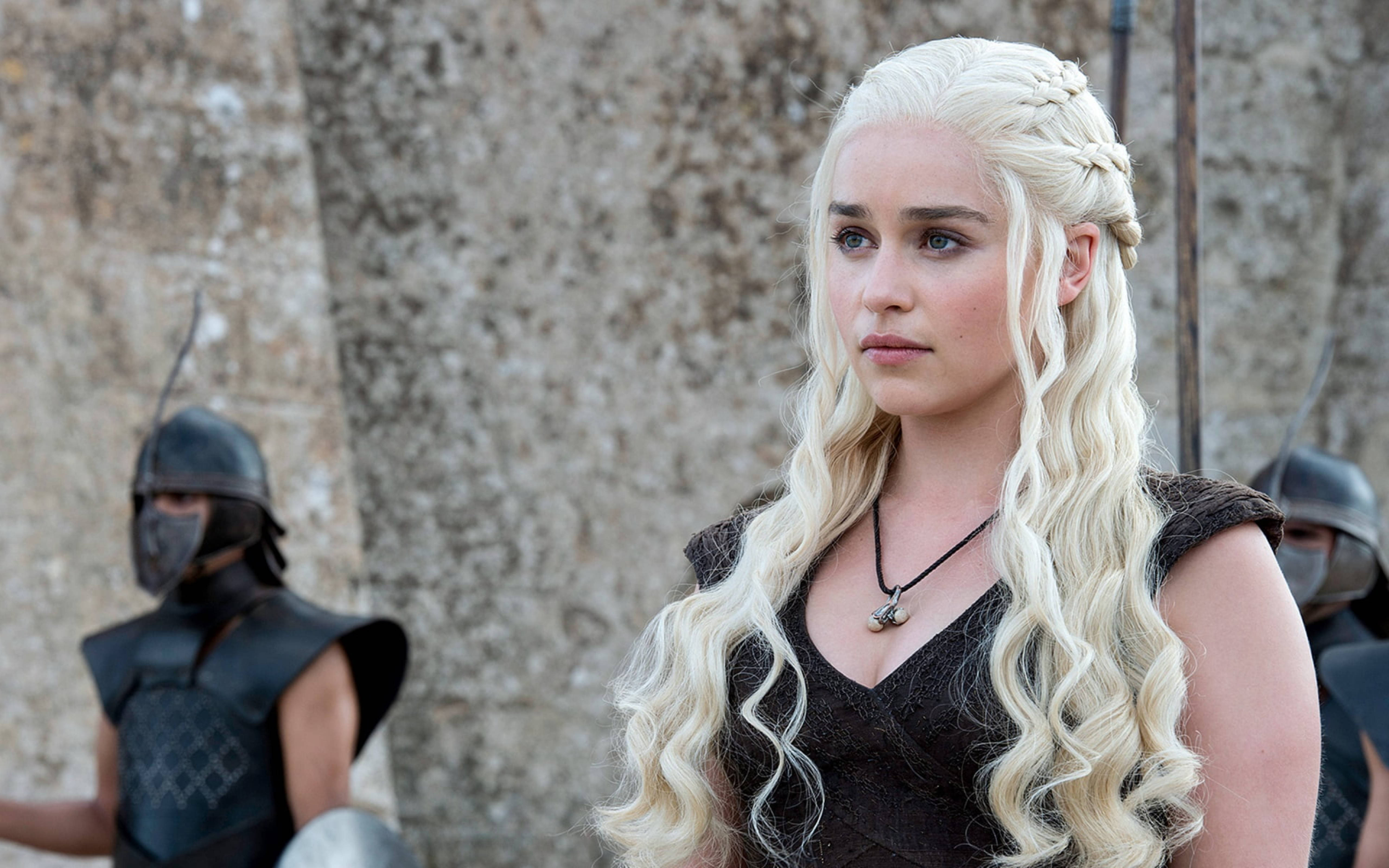 Daenerys Targaryen, long blonde braided hair, stone walls, 5K Desktop Wallpaper