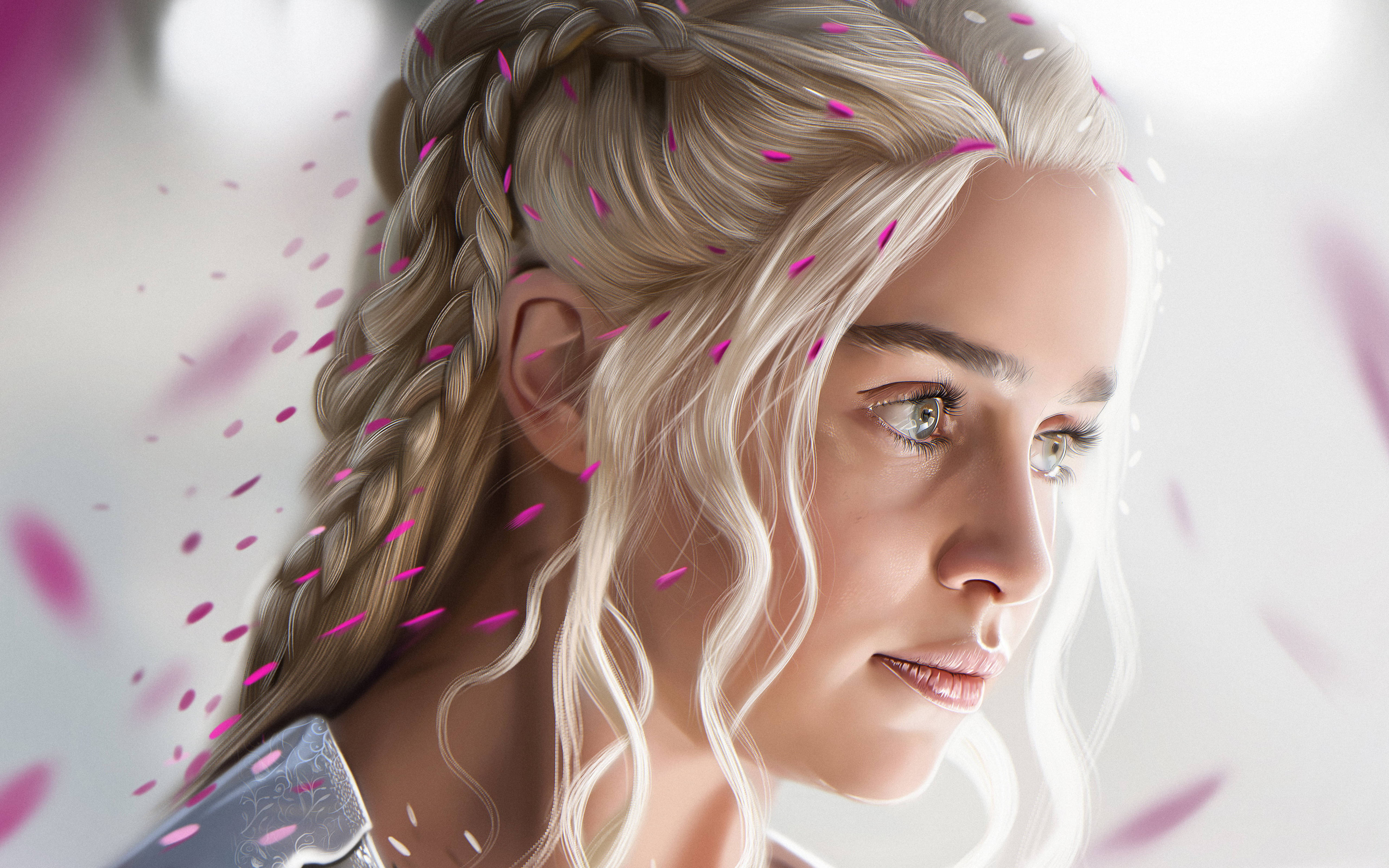 Daenerys Targaryen, pink petals, braided blonde hair, 5K Desktop Wallpaper