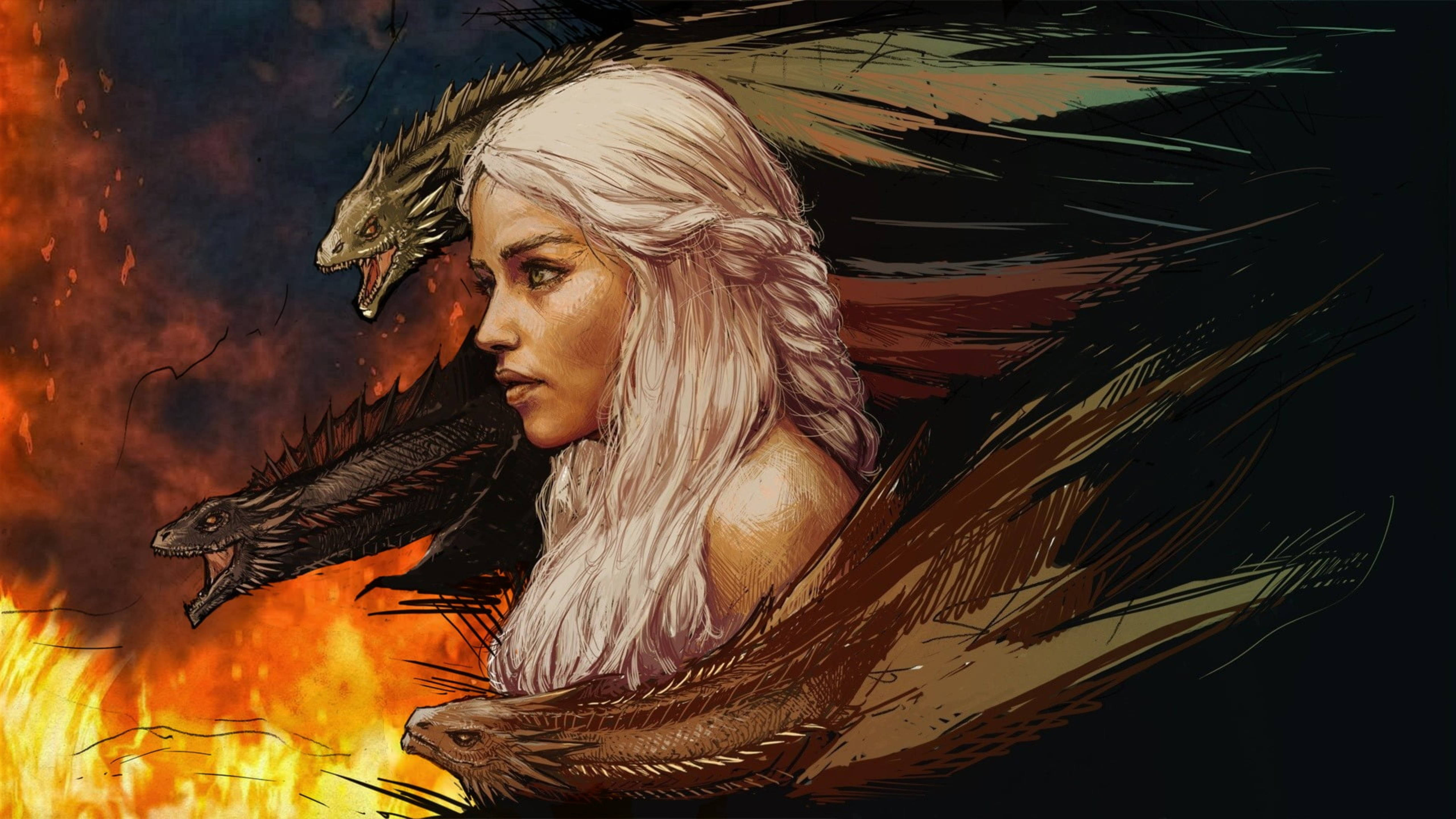Daenerys Targaryen, three dragons, roaring flames, 5K Desktop Wallpaper