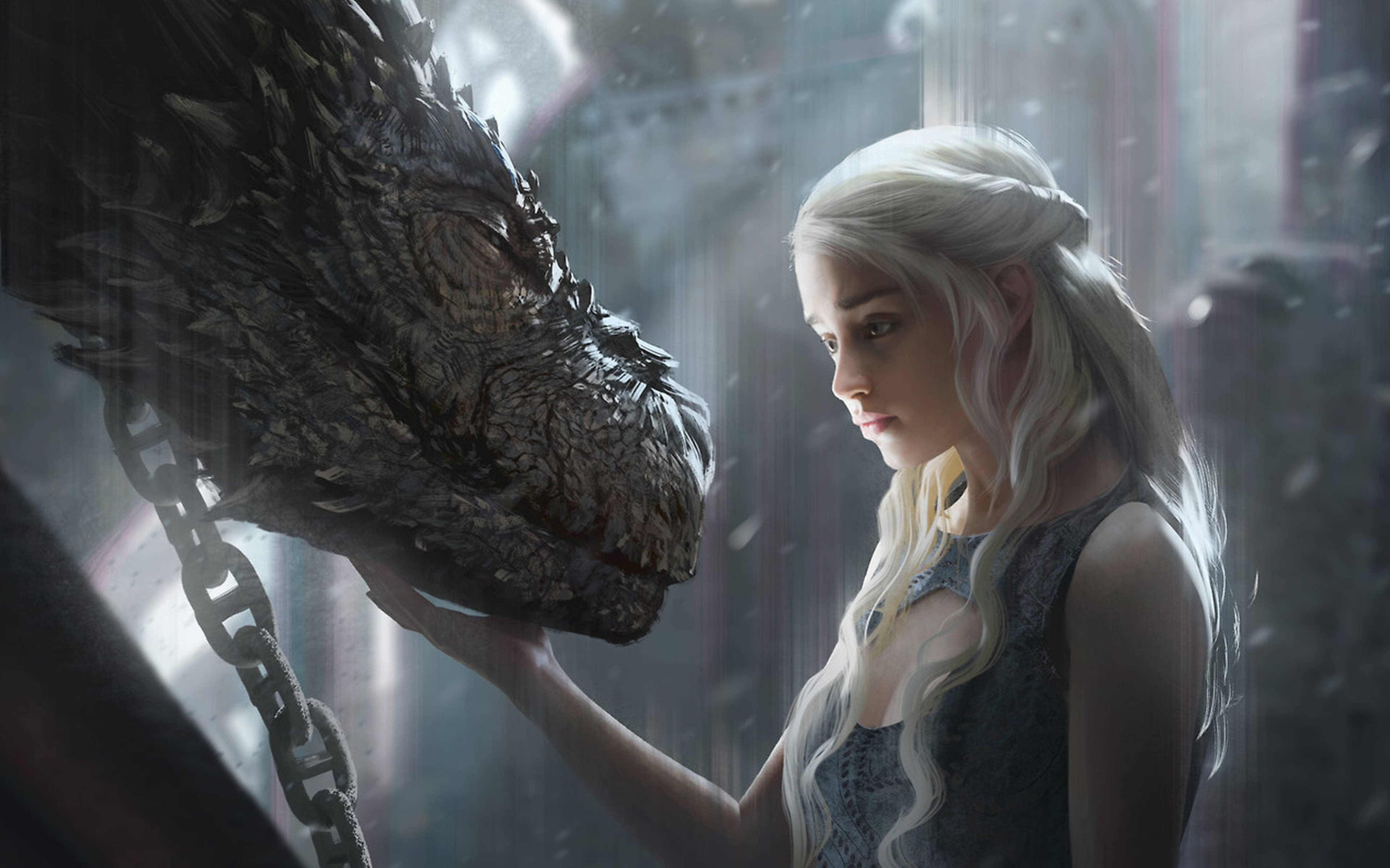 Daenerys Targaryen, dragon, long white hair, 5K Desktop Wallpaper