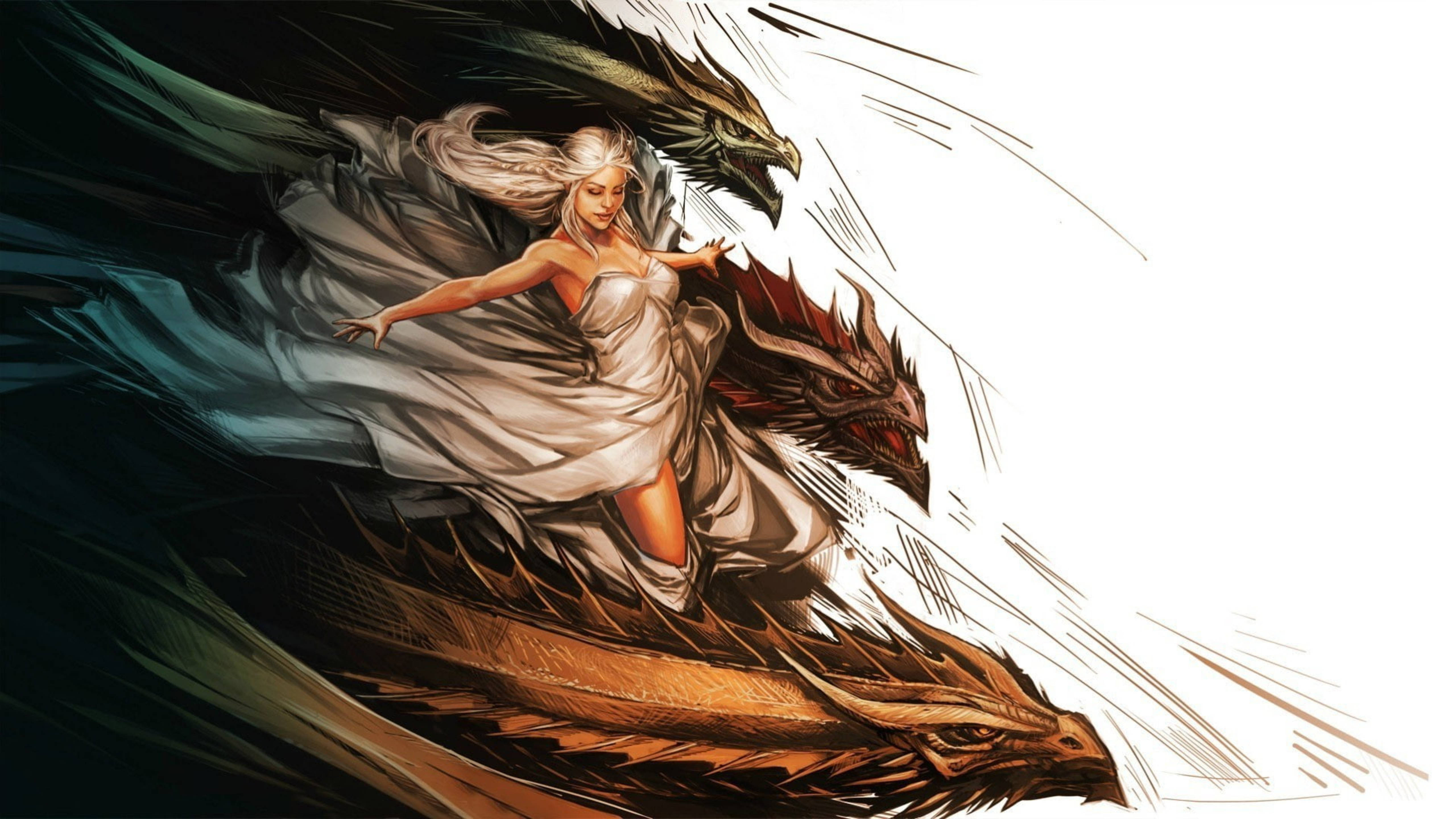 Daenerys Targaryen, dragon, white gown, 5K Desktop Wallpaper