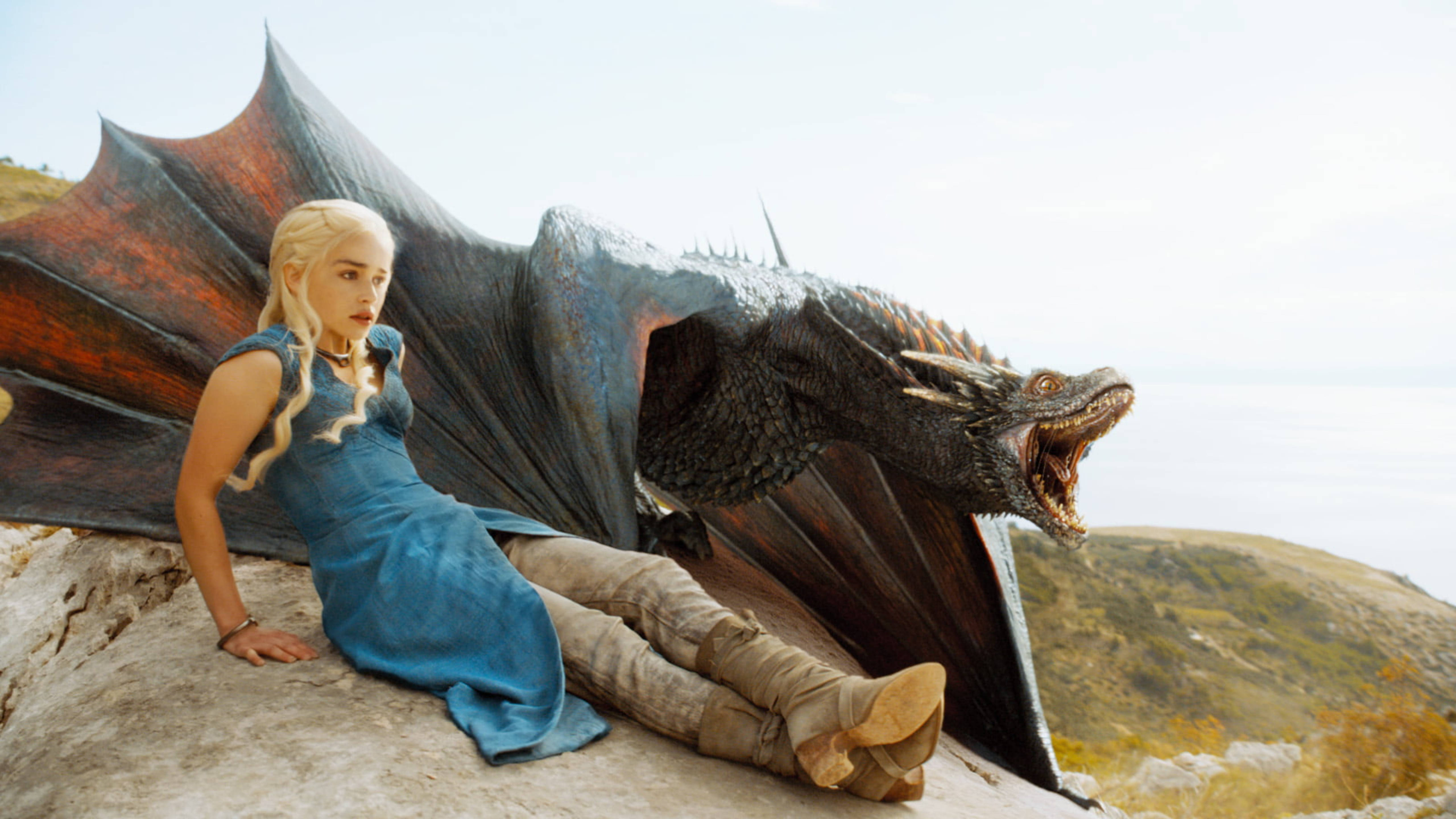 Daenerys Targaryen, black dragon, rocky cliff, 5K Desktop Wallpaper