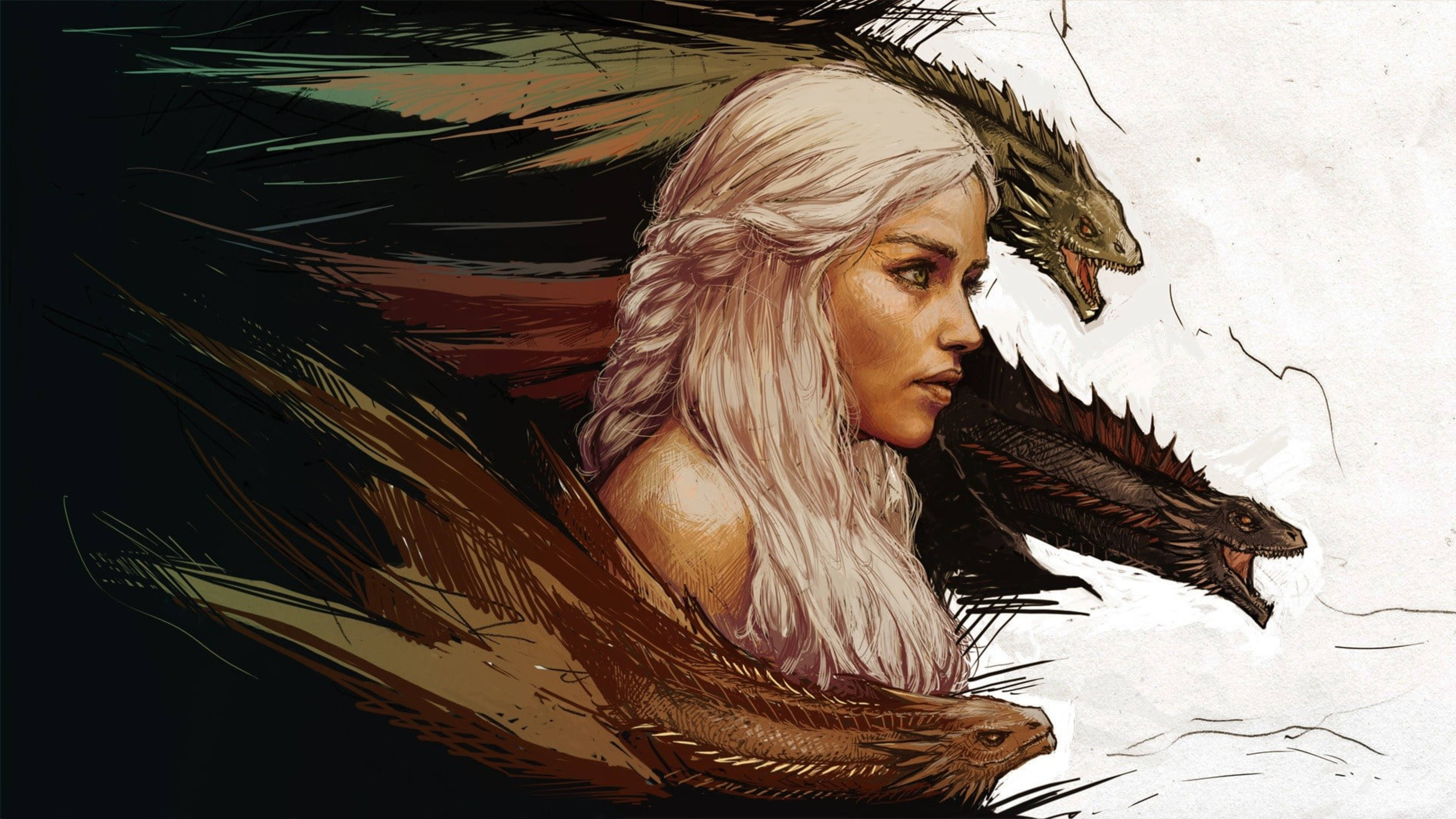 Daenerys Targaryen, three roaring dragons, long white hair, 5K Desktop Wallpaper