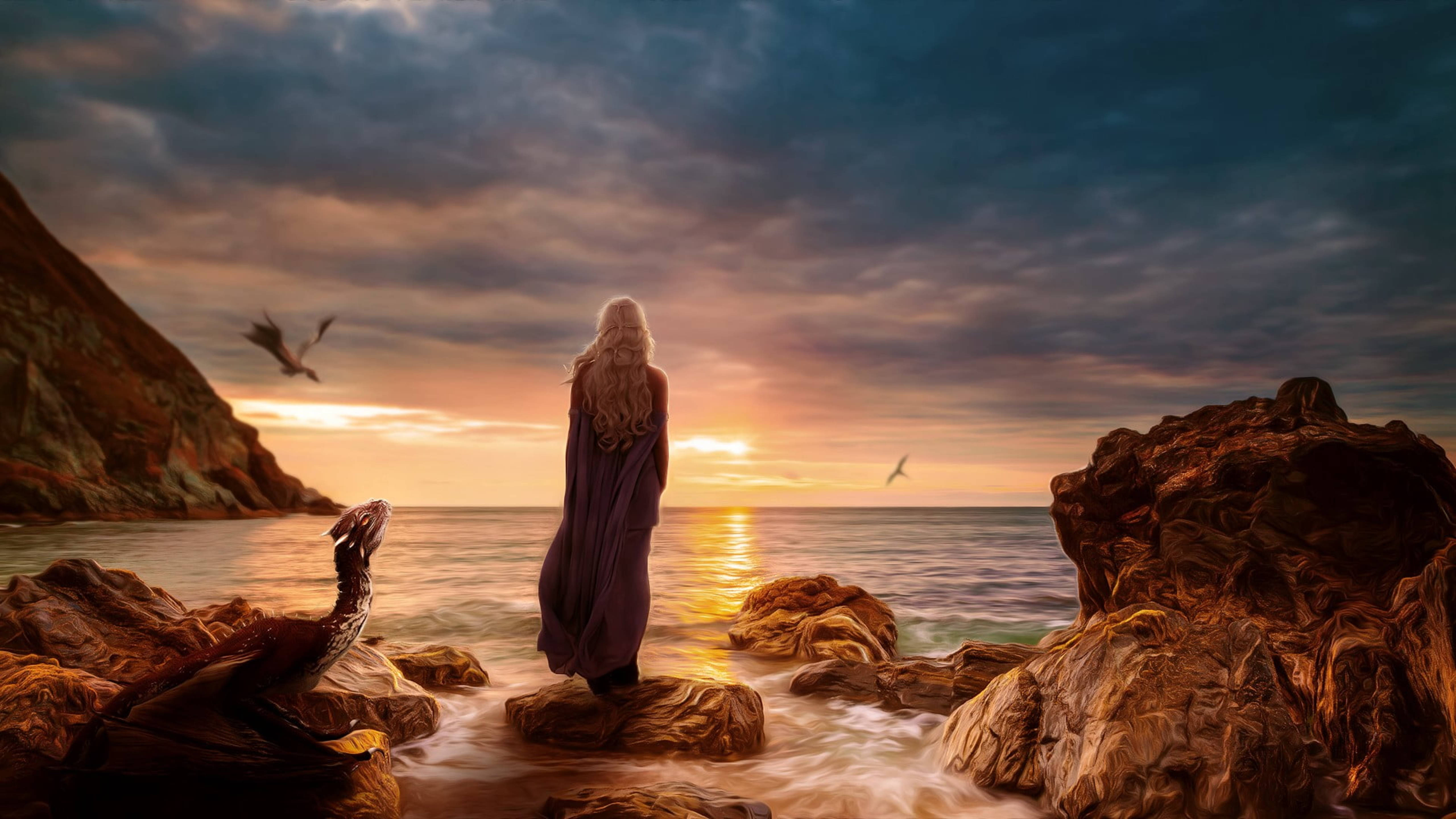 Daenerys Targaryen, purple robe, coastal rocks, 5K Desktop Wallpaper