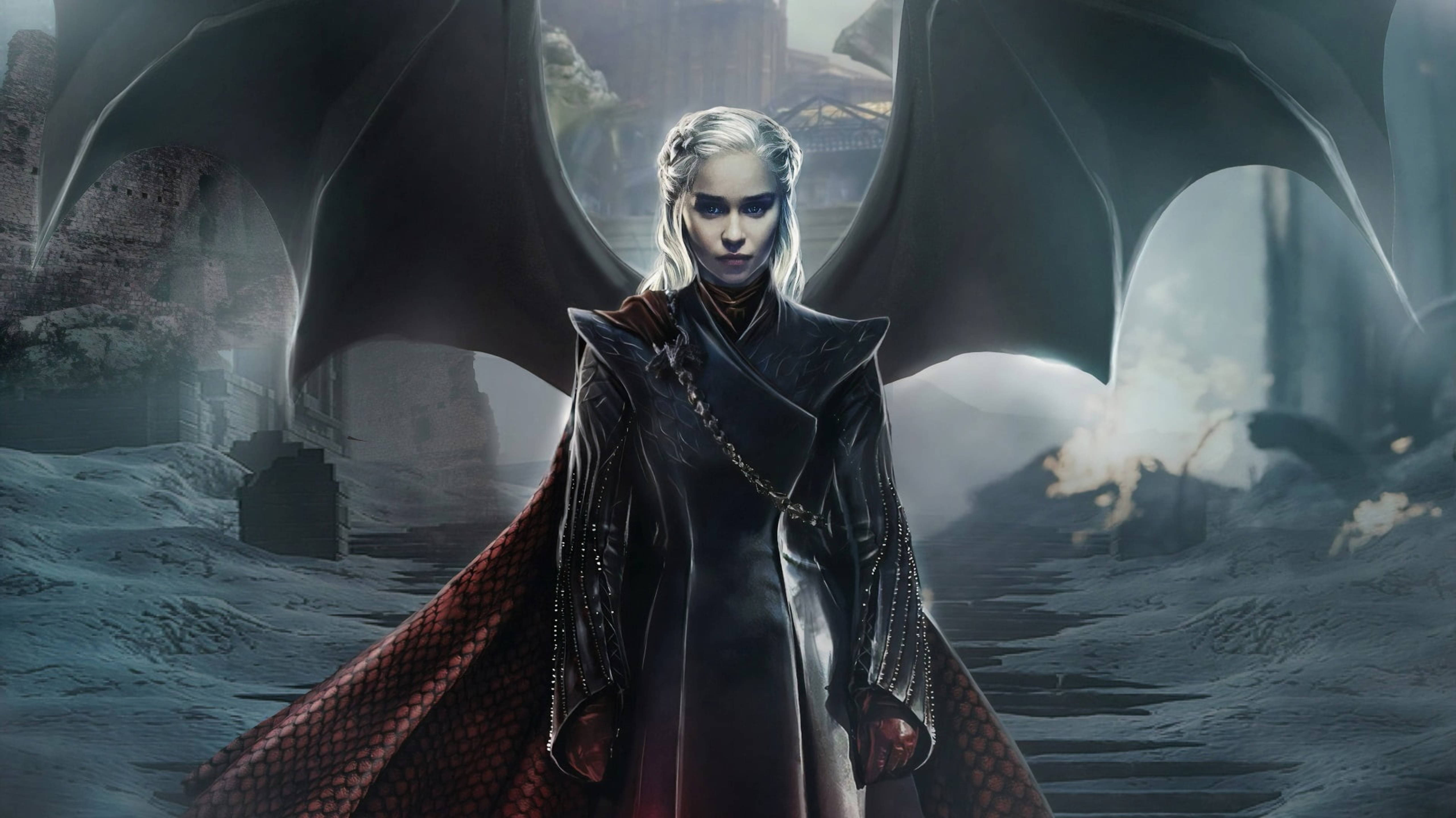Daenerys Targaryen, dragon wings, ruined castle courtyard, 5K Desktop Wallpaper