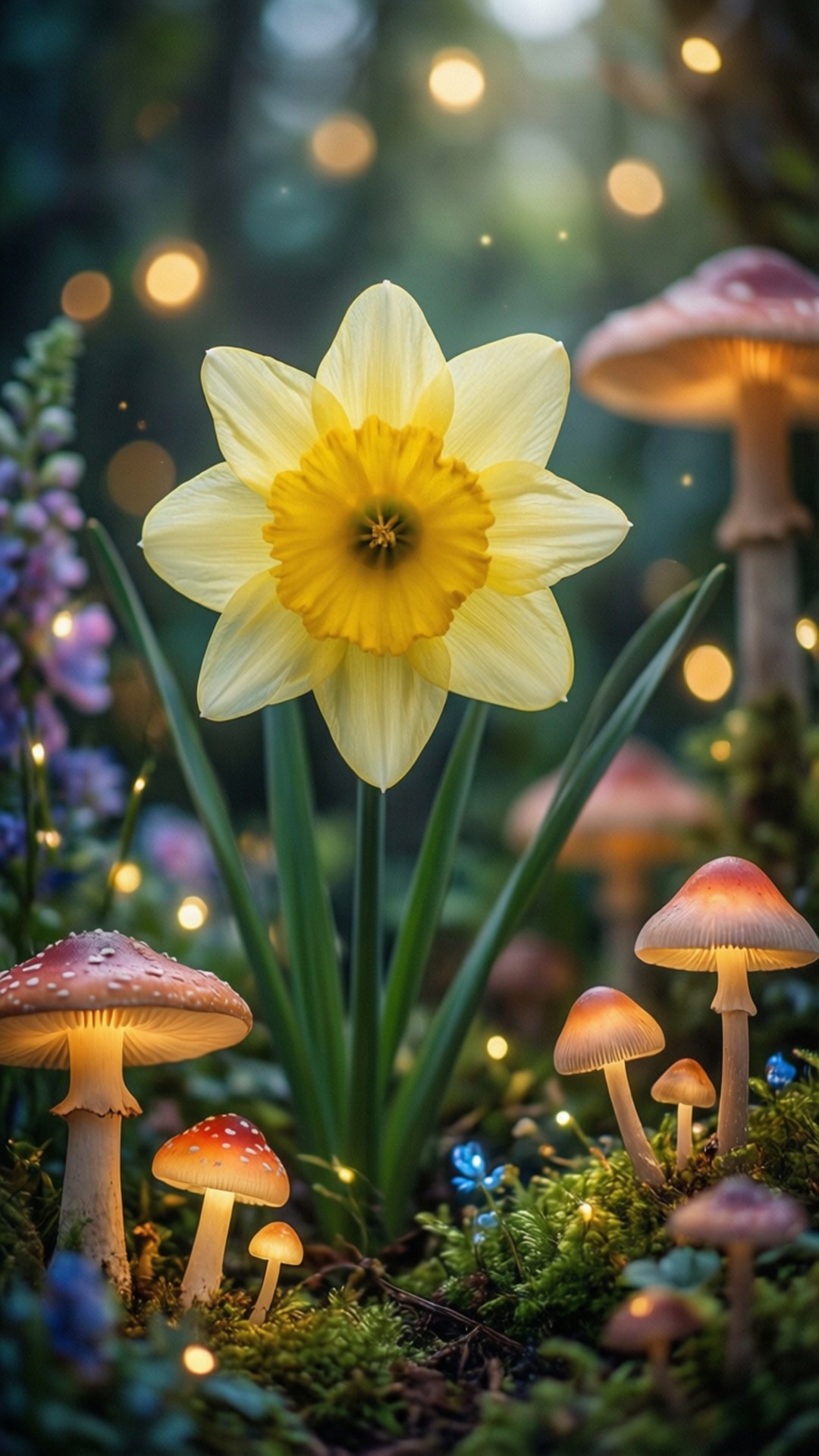 Fairy Garden Daffodil, vibrant yellow, glowing mushrooms, Full HD Phone Wallpaper