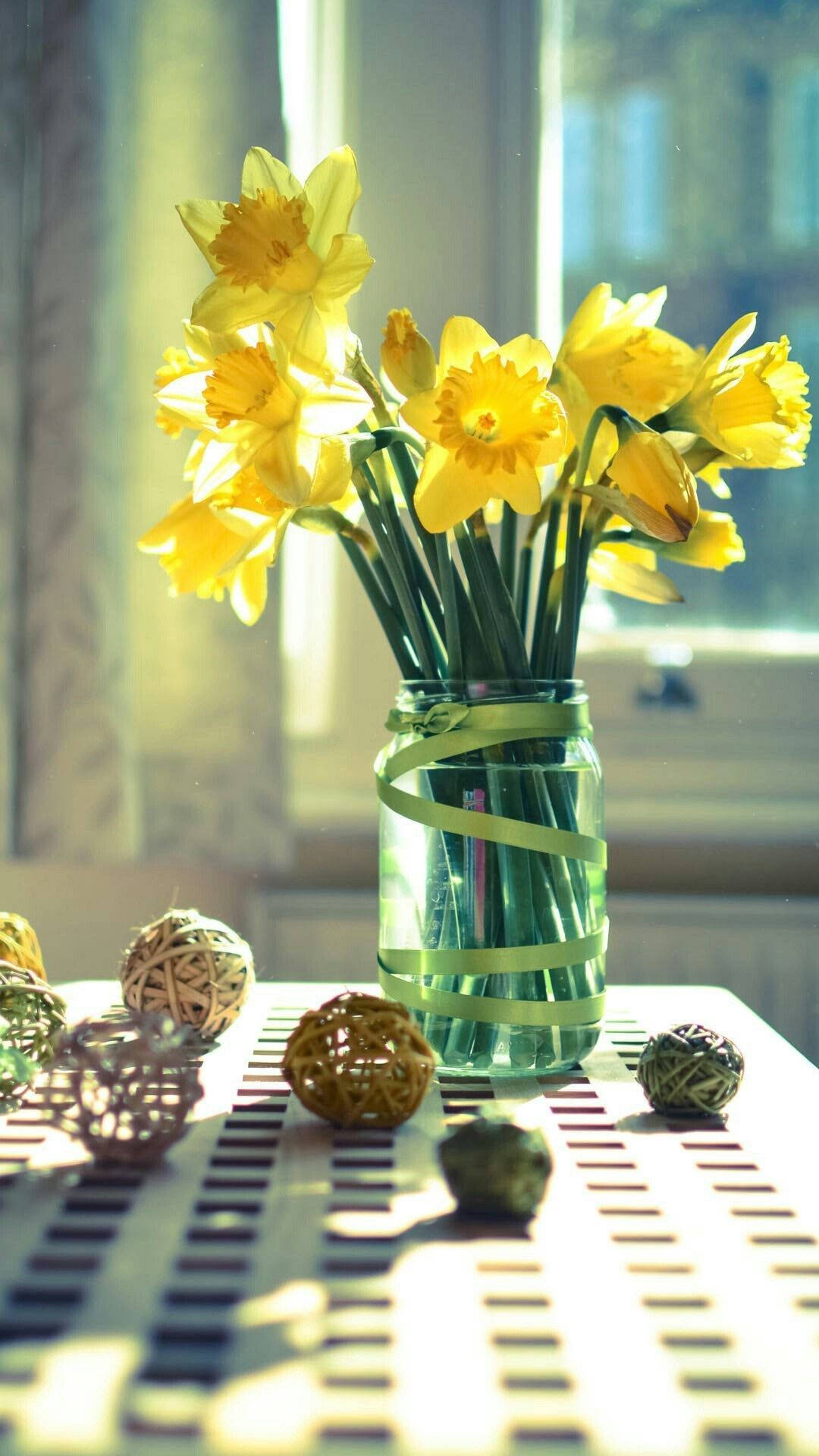 yellow daffodils, clear glass vase, green glass jar, Full HD Phone Wallpaper