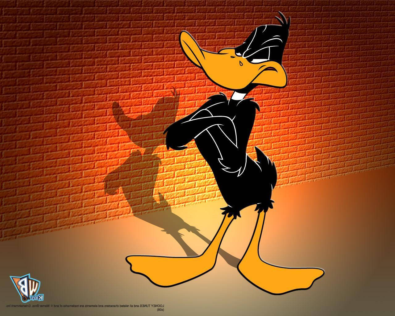 Daffy Duck, black suit, warmly lit brick wall, HD Desktop Wallpaper