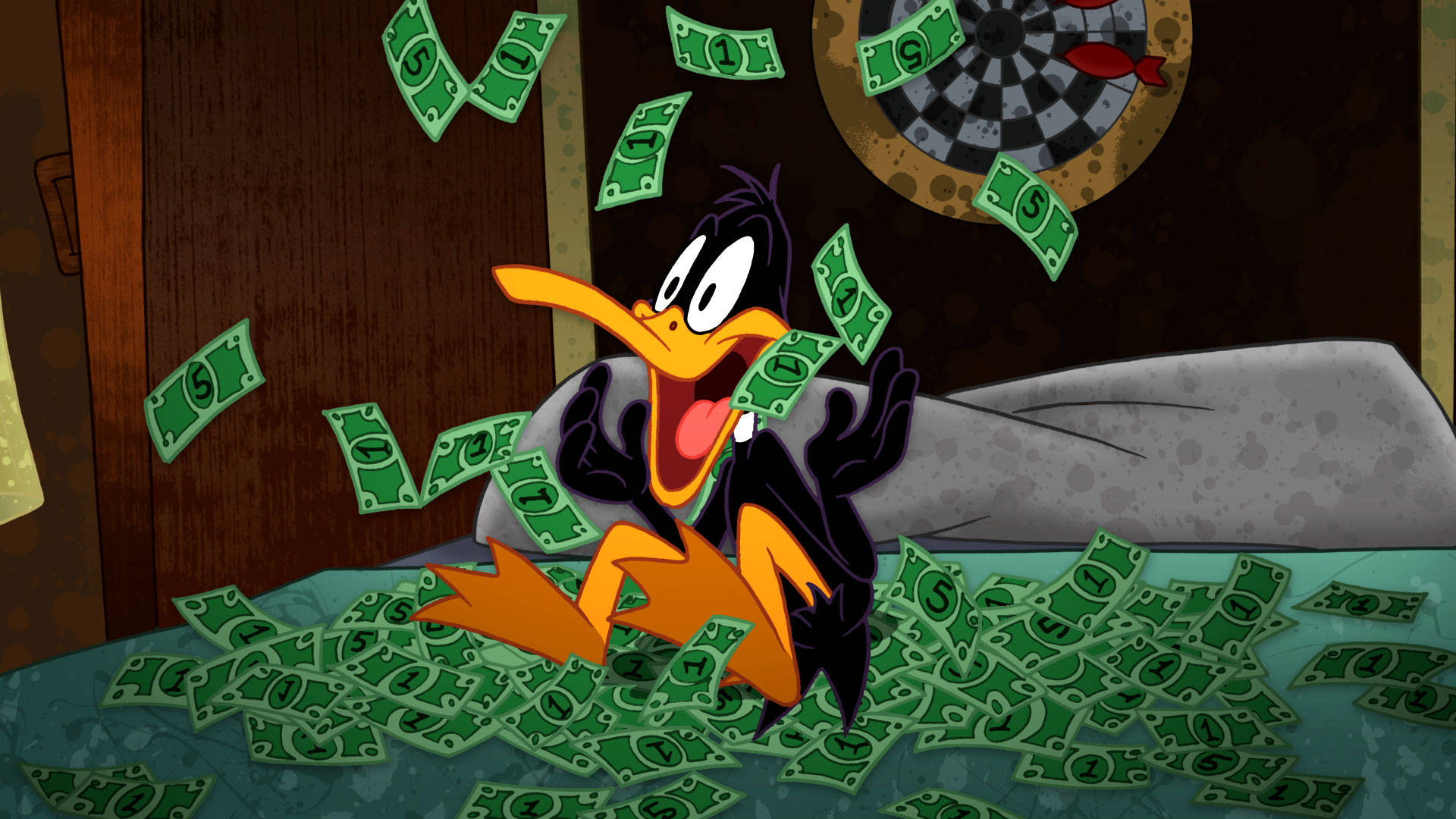 Daffy Duck, ten-dollar bills, room, Full HD Desktop Wallpaper
