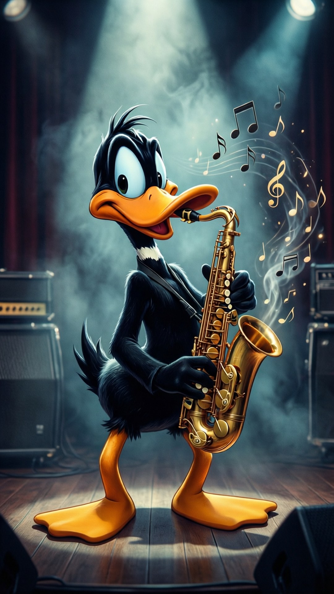 Daffy Duck, black suit, golden saxophone, Full HD Phone Wallpaper