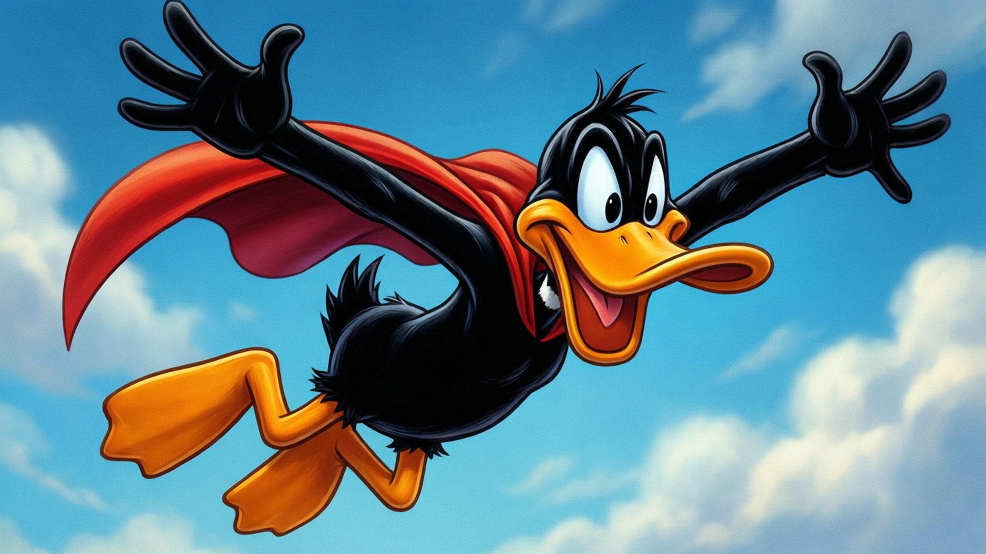 Daffy Duck, red cape, bright blue sky, Full HD Desktop Wallpaper