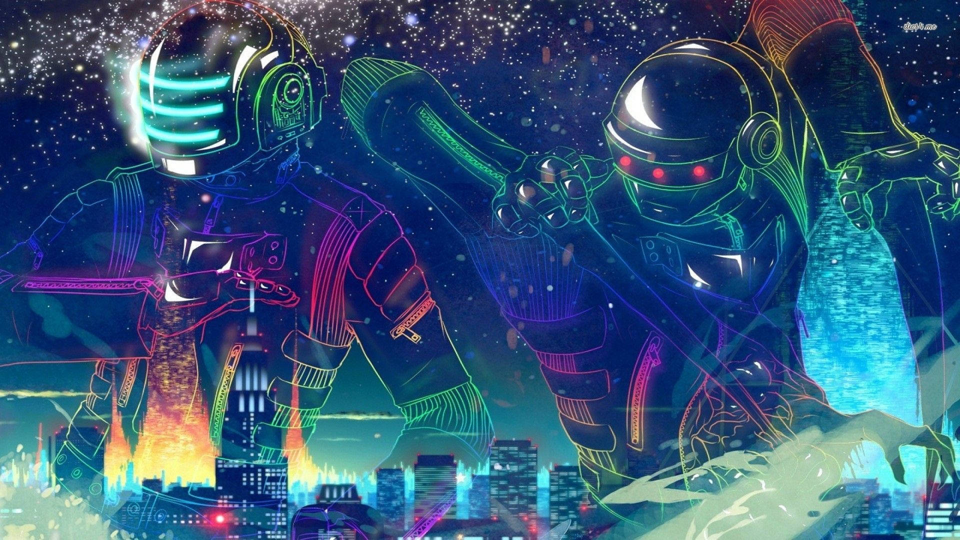 Daft Punk, neon-outlined, cybernetic figures, Full HD Desktop Wallpaper