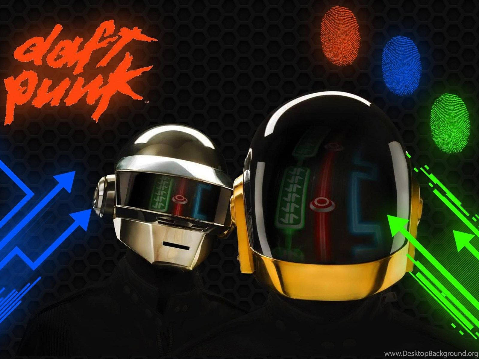 Daft Punk, silver and gold helmets, dark hexagonal background, HD Desktop Wallpaper
