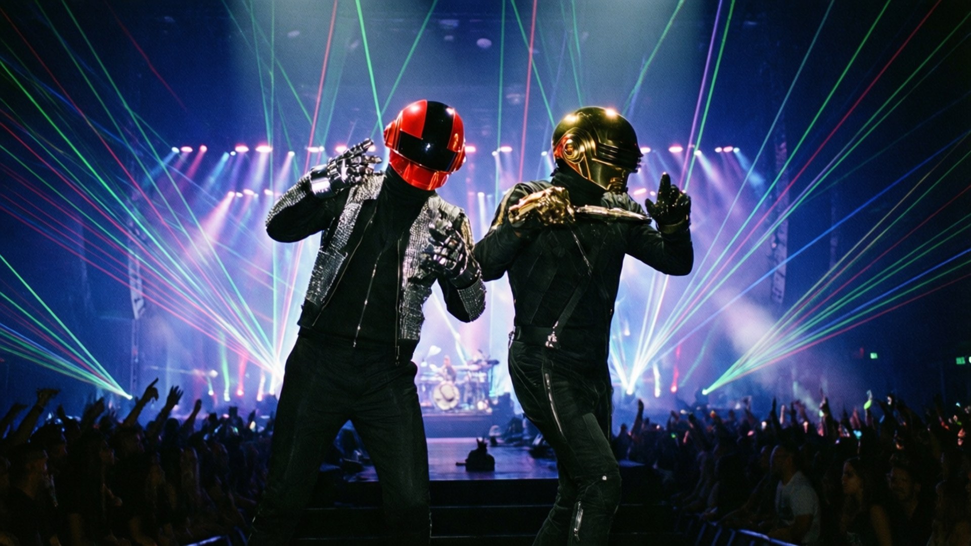 Daft Punk, shiny jackets, colorful laser lights, Full HD Desktop Wallpaper