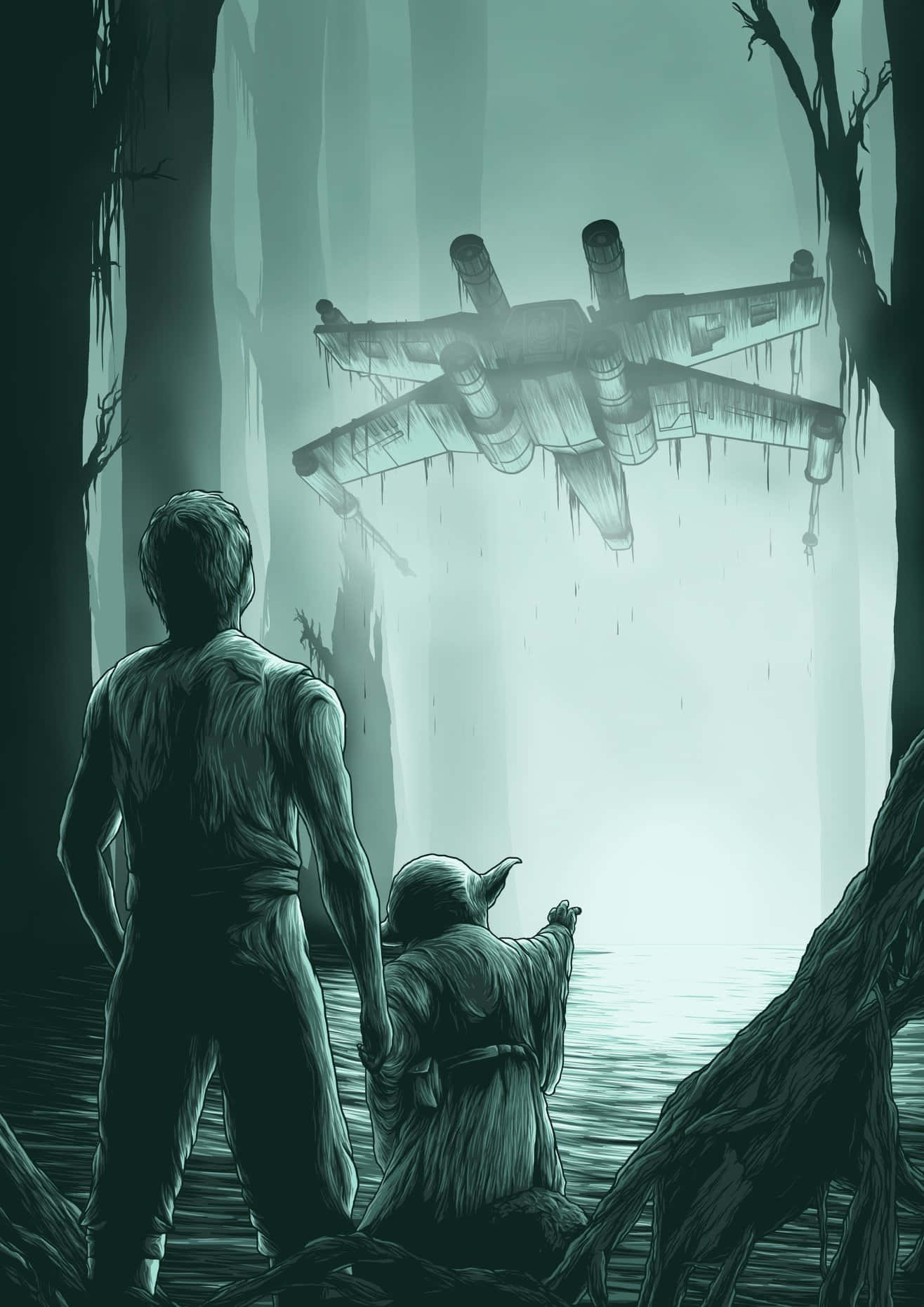 Dagobah, crashed spaceship, misty forest canyon, HD Phone Wallpaper