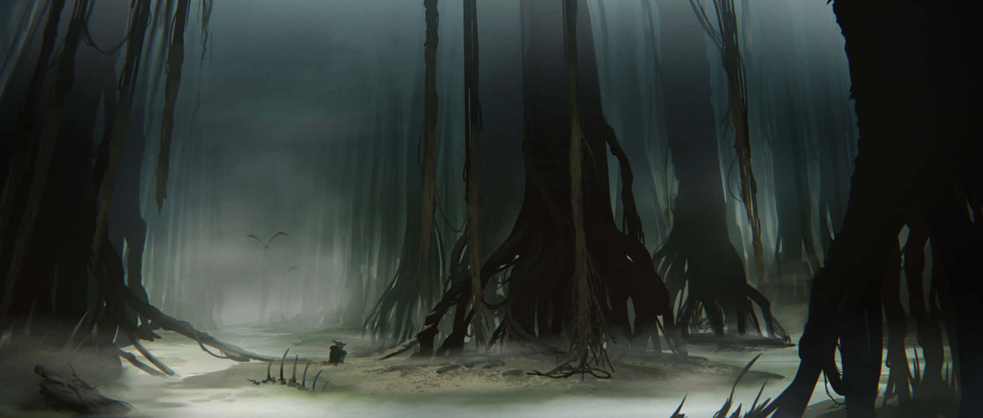 Dagobah, misty swamp forest, towering gnarled trees, Full HD Desktop Wallpaper