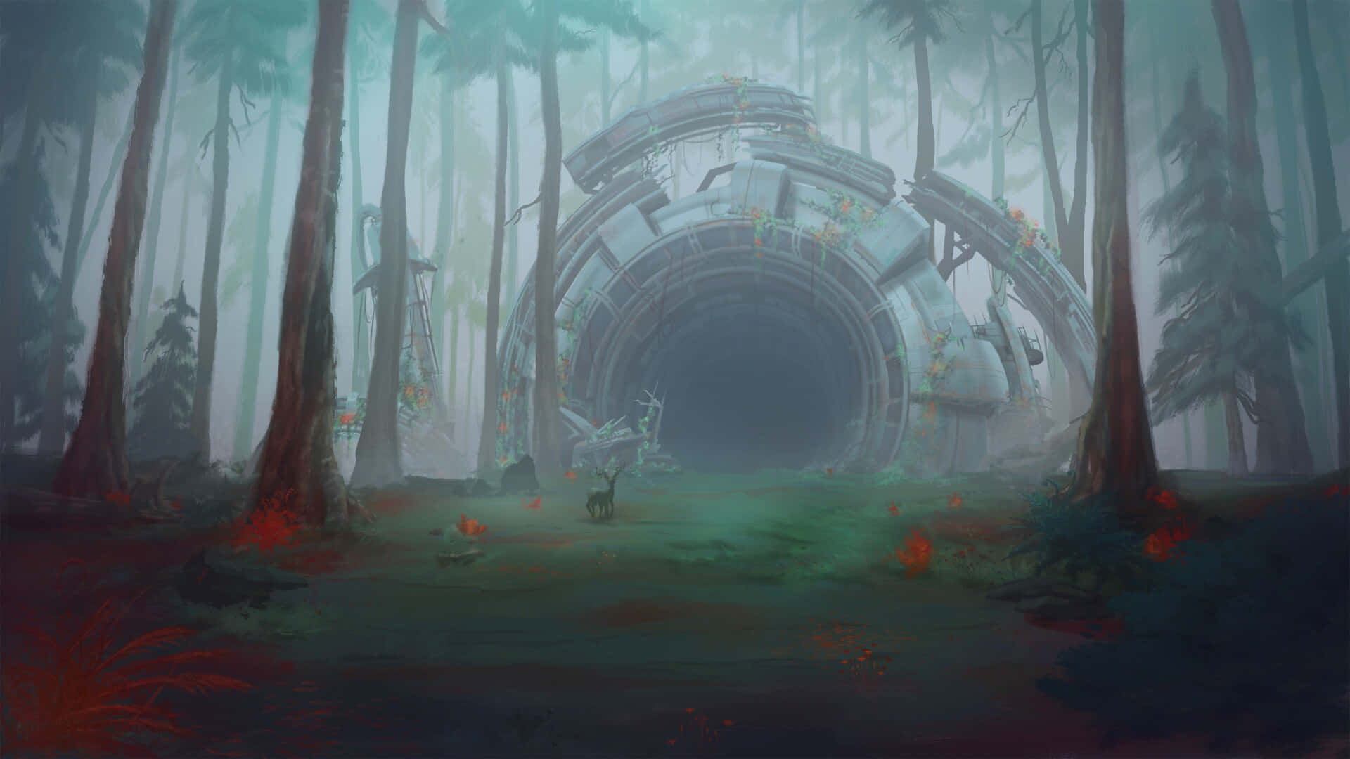 crashed spaceship, misty forest, towering trees, Full HD Desktop Wallpaper