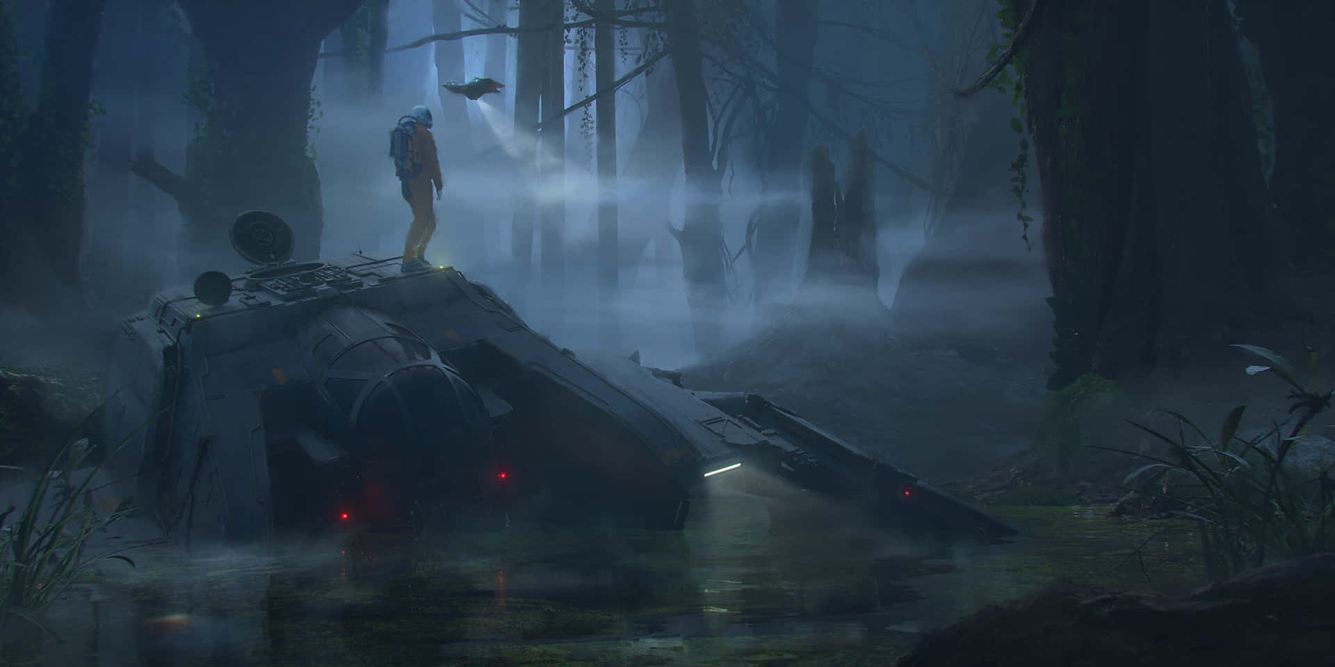 crashed starfighter, Dagobah, misty alien jungle, Full HD Desktop Wallpaper