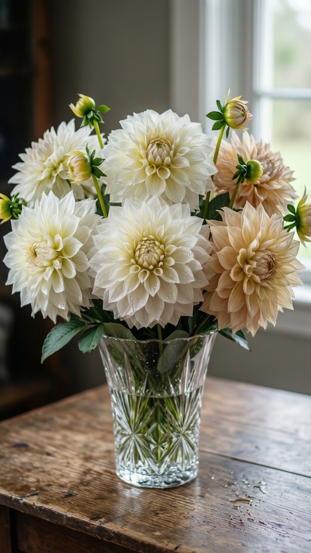 white elegance, crystal vase, creamy white dahlias, Full HD Phone Wallpaper