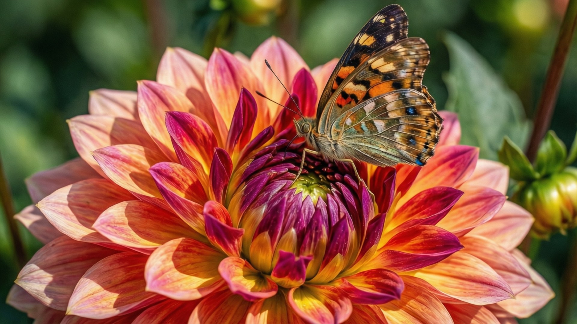 painted lady butterfly, vibrant dahlia, layered petals, Full HD Desktop Wallpaper