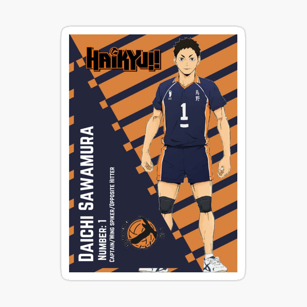 Daichi Sawamura, blue and orange volleyball uniform, dynamic diagonal striped background, SD Desktop Wallpaper
