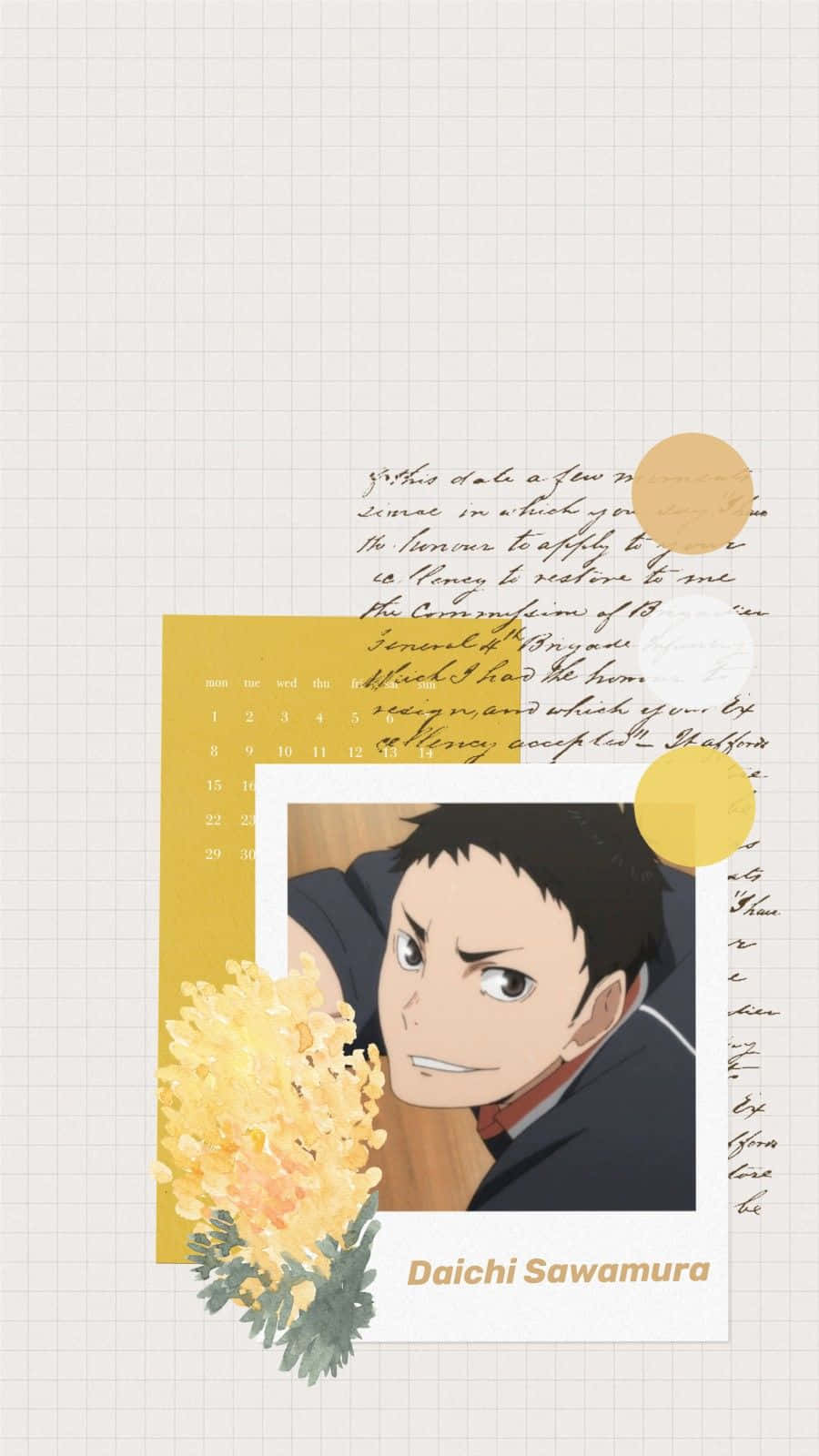 Daichi Sawamura, polaroid frame, yellow flowers, HD Phone Wallpaper