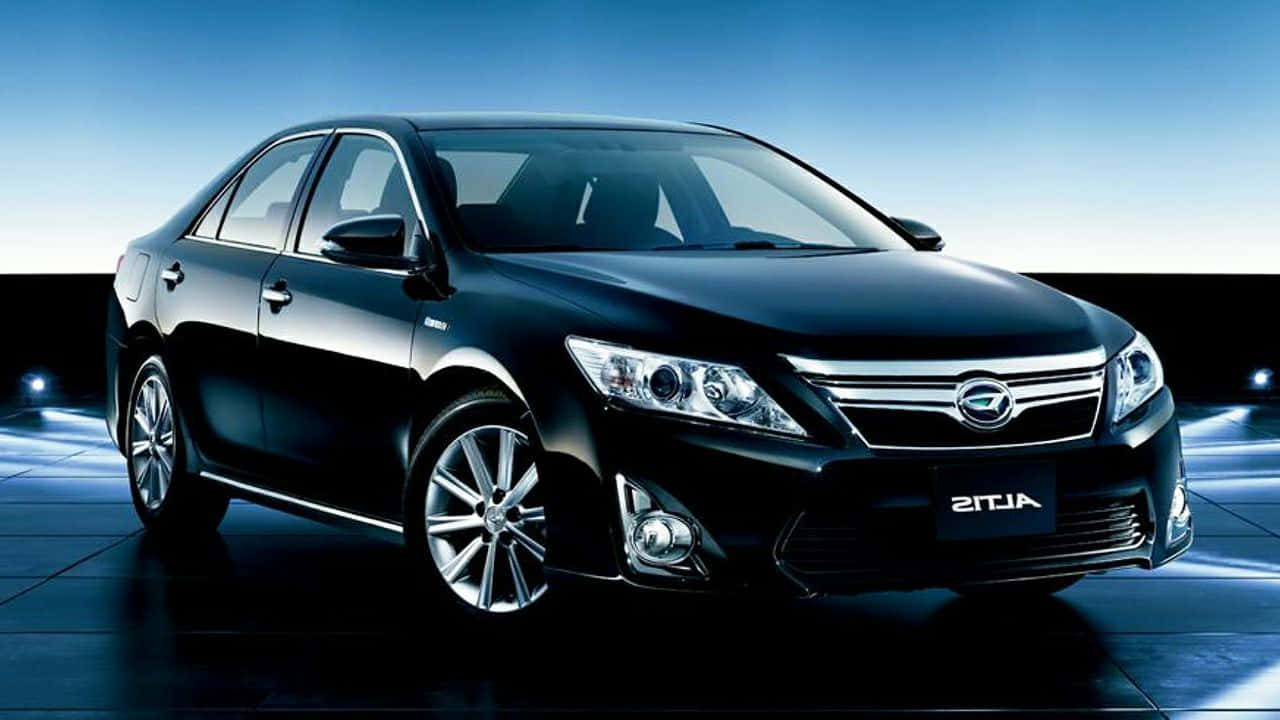 Daihatsu, sleek black sedan, gradient blue backdrop, HD Desktop Wallpaper
