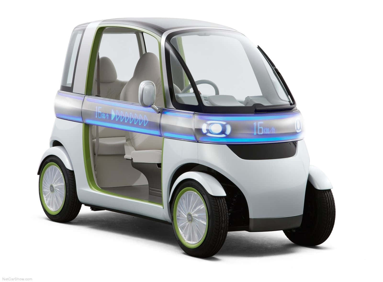 Daihatsu 1600, white and green compact electric car, glowing blue accents, HD Desktop Wallpaper