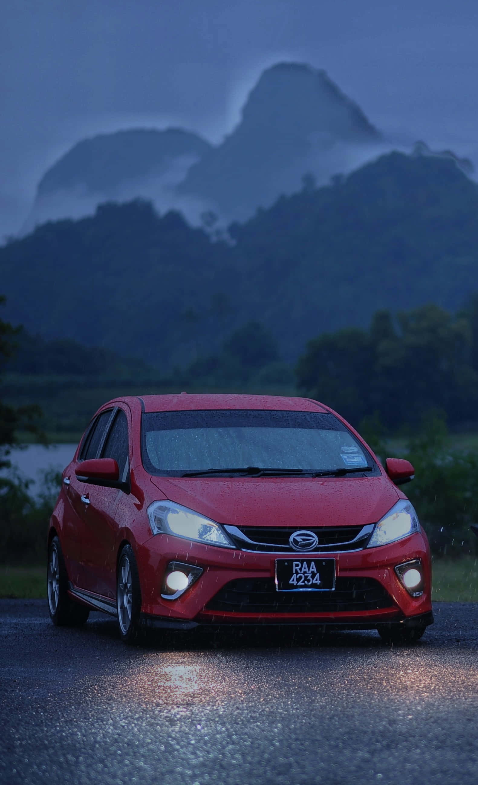 Daihatsu, red car, wet road, 2K Phone Wallpaper