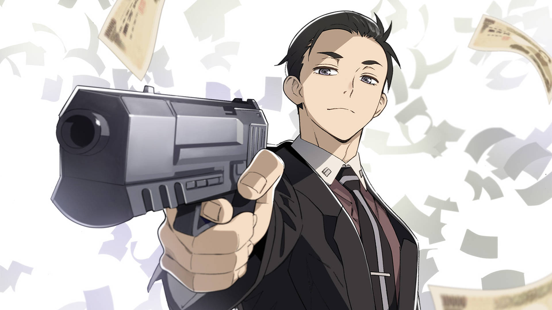 Daisuke Kambe, futuristic pistol, currency bills, Full HD Desktop Wallpaper