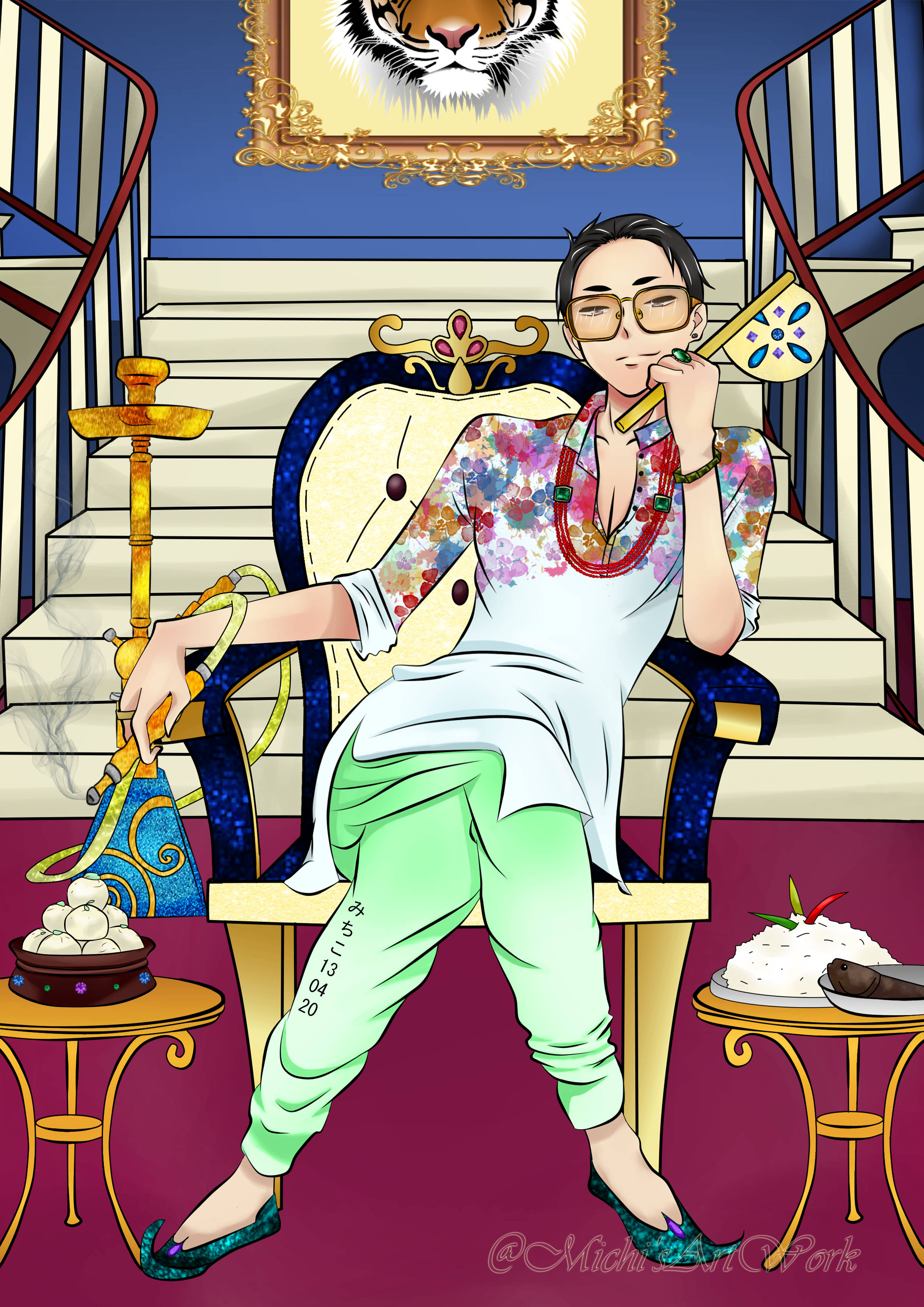 Daisuke Kambe, throne-like chair, hookah, 2K Phone Wallpaper