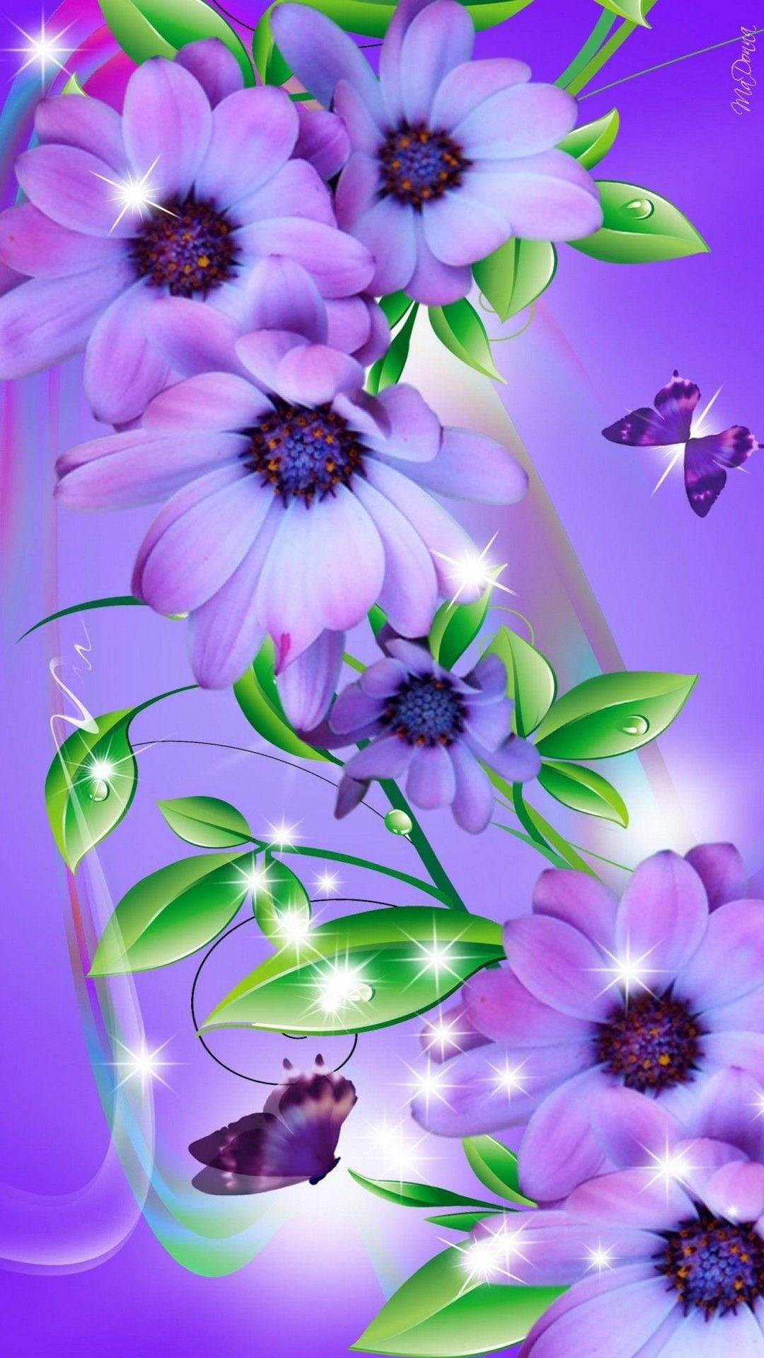 sparkly purple daisies, glowing sparkles, fluttering butterflies, HD Phone Wallpaper