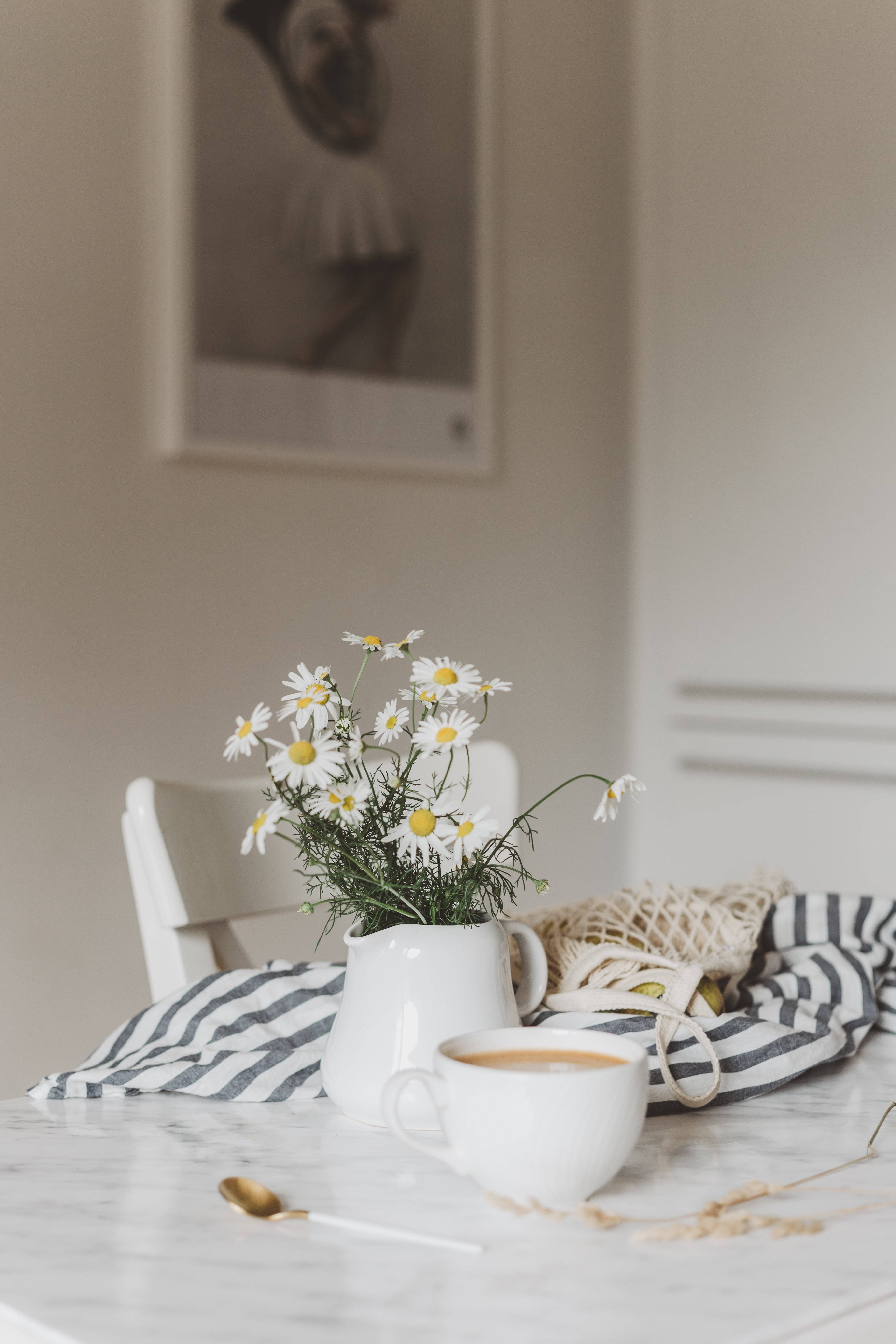 white dining room, daisy aesthetic, white mug, 5K Phone Wallpaper